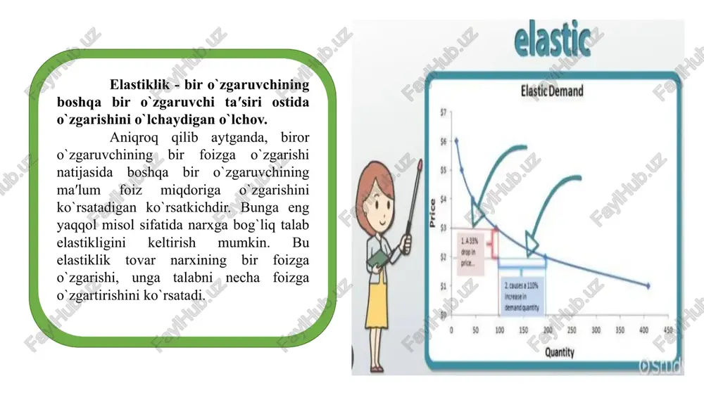miqdor 50 birlikdan 70 birlikgacha oshdi. taklifning narx elastikligini hisoblash uchun quyidagi formuladan foydalanamiz: (etkazib berish miqdorining o'zgarishi / ta'minlangan boshlang'ich miqdori) / (narxning o'zgarishi / boshlang'ich narx) taqdim etilgan miqdorning o'zgarishi 70 - 50 = 20 birlik. taqdim etilgan dastlabki miqdor 50 dona. narxning o'zgarishi $7 - $5 = $2. dastlabki narxi 5 dollar. ushbu qiymatlardan foydalanib, taklifning narx elastikligini hisoblashimiz mumkin: ((20/50) / ($2 / $5)) = (0,4) / (0,4) = 1 taklifning narx elastikligi 1 ga teng bo'lganligi sababli, tovar to'liq elastik degan xulosaga kelishimiz mumkin, ya'ni taklif miqdorining foiz o'zgarishi narxning foiz o'zgarishiga teng. talabning daromad egiluvchanligi talab miqdorining daromad o'zgarishiga ta'sirchanligini o'lchaydi. agar daromadning kichik o'zgarishi talab miqdorining katta o'zgarishiga olib kelsa, biz tovarni daromad elastikligi deymiz. daromadning elastik tovarlariga misollar orasida hashamatli buyumlar kiradi, chunki odamlar daromadlari ortganda ushbu tovarlarni ko'proq sotib olishga intiladi. aksincha, agar daromadning katta o'zgarishi talab miqdorining ozgina o'zgarishiga olib …