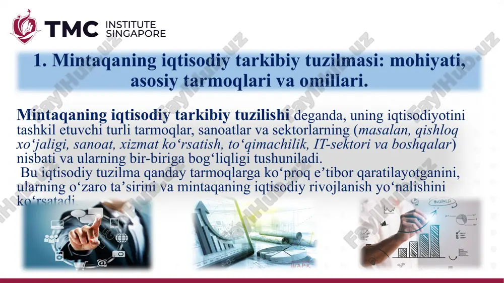 hududlararo tengsizlikni kamaytirish; - rivojlanishni mahalliy ehtiyojlarga moslashtirish; - aholi hayot sifatini yaxshilash; - bozor iqtisodiyoti talablariga mos tizim yaratish. mintaqaning iqtisodiy tarkibiy tuzilmasi qanchalik rivojlangan bo‘lsa, u shunchalik samarali boshqaruv tizimini talab qiladi. ayni paytda, boshqaruv tizimining to‘g‘ri tashkil etilishi iqtisodiy tarmoqlarni muvofiqlashtirish, resurslarni samarali taqsimlash va infratuzilmani rivojlantirish imkonini beradi. boshqaruv tizimi mintaqaning rivojlanish strategiyasini belgilaydi, iqtisodiy ustuvor yo‘nalishlarni aniqlaydi va ijtimoiy barqarorlikni ta’minlaydi. masalan, sanoatlashgan mintaqalarda innovatsion rivojlanishni boshqarish muhim bo‘lsa, qishloq xo‘jaligiga ixtisoslashgan hududlarda yer resurslarini boshqarish asosiy vazifa hisoblanadi. 3. iqtisodiy tuzilma va boshqaruv tizimi o‘rtasidagi o‘zaro bog‘liqlik. xulosa qilib aytganda, mintaqaning iqtisodiy tarkibiy tuzilmasi va boshqaruv tizimi bir-biri bilan chambarchas bog‘liq bo‘lib, ularning uyg‘unligi hududiy rivojlanishning asosiy omilidir. har bir mintaqaning o‘ziga xos xususiyatlarini hisobga olgan holda, iqtisodiy siyosat va boshqaruv mexanizmlarini shakllantirish zarurdir. takliflar: - mintaqalar iqtisodiy ixtisoslashuviga asoslangan strategiyalar ishlab chiqish; - mintaqaviy boshqaruvda raqamlashtirish (digitalizatsiya) keng joriy etish; - mahalliy budjetlarni …