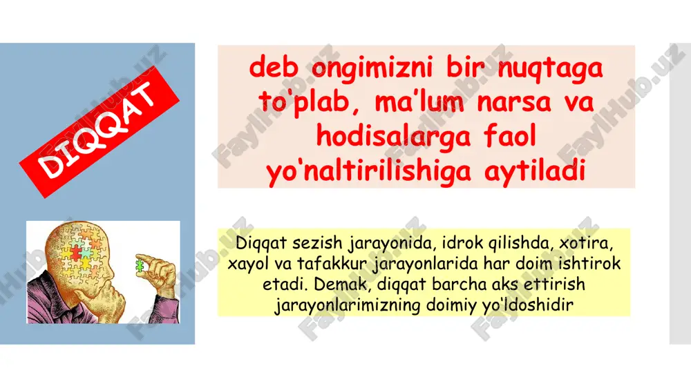 sezgi organlari yordami bilan ongimizda bevosita aks etadi. sezgi organlarimizga ta’sir etadigan narsalardagi ayrim xossalarning miyamizda shu tariqa bevosita aks etishi sezgi deb ataladi. sezgining fiziologik asosini analizatorlarda kechadigan nerv-fiziologik jarayonlar tashkil etadi (i.p.pavlov). analizator – bu nerv fiziologik apparat boʼlib, sezgining qurolidir, uning yordamida inson olamning u yoki bu tomonini, jabhasini aks etadi. analizator uch qismdan iborat: pereferik qism – retseptor (lot. – qabul qilmoq), unga taʼsir koʼrsatayotgan qoʼzgʼatishni qabul qiladi; markazga intiluvchi, afferent (lot. – olib keluvchi) nervlari, perifiriyadan nerv markazlariga, insonning bosh miyasiga qoʼzgʼalishni olib keladi; bosh miyadagi monand qism, qaerda retseptordan kelayotgan maʼlumot qayta ishlanadi. aks ettirish xususiyatiga va reseptorlarning joylashgan o‘rniga qarab sezgilar odatda uch guruhga ajratiladi: 2. tananing ichki a‘zolarida va to‘qimalarida joylashgan hamda ichki a‘zolarining holatini aks ettiradigan reseptorlarga ega bo‘lgan introseptiv sezgilar. 1. tashqi muhitdagi narsalar va hodisalarning xususiyatlarini aks ettiradigan hamda tananing yuzasida reseptorlari mavjud bo‘lgan ekstroreseptiv sezgilar. 3. reseptorlari mushaklarda …