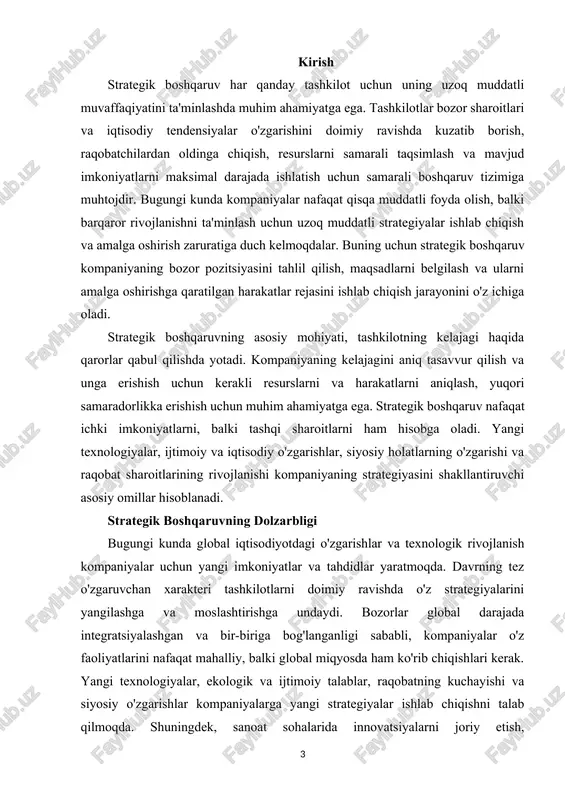 . kompaniyalar o'z faoliyatida barqarorlikni ta'minlash uchun ijtimoiy mas'uliyatni o'z zimmasiga olishlari kerak. yuqori darajadagi o'zgaruvchanlik: iqtisodiy va siyosiy sharoitlarning tez o'zgarishi tashkilotlarning muvaffaqiyatli faoliyat yuritishi uchun muvozanatli va strategik qarorlarni talab qiladi. shunday qilib, strategik boshqaruvning dolzarbligi, tashkilotlarni o'zgaruvchan muhitda samarali boshqarish va kelajakda muvaffaqiyatni ta'minlash uchun zarur bo'lgan vosita sifatida katta ahamiyatga ega. bugungi kunda strategik boshqaruvni to'g'ri amalga oshirish kompaniyaning barqaror rivojlanishining asosi bo'lib, nafaqat raqobatbardoshlikni, balki uning bozor pozitsiyasini mustahkamlashga ham yordam beradi. strategik boshqaruvning ahamiyati strategik boshqaruv tashkilotning rivojlanishini ta'minlashda, resurslarni samarali taqsimlashda, innovatsiyalarni joriy etishda va bozor o'zgarishlariga moslashishda muhim rol o'ynaydi. kompaniya strategiyasining aniq belgilanishi va uning amalga oshirilishi tashkilotning bozor pozitsiyasini mustahkamlashga yordam beradi. strategik boshqaruv orqali tashkilot nafaqat o'zining hozirgi holatini tahlil qiladi, balki kelajakdagi maqsadlarini belgilaydi va ularni amalga oshirish uchun zarur resurslarni taqsimlaydi. strategik boshqaruvning ahamiyati quyidagi asosiy jihatlarda namoyon bo'ladi: 1. maqsadlarni aniq belgilash: strategik boshqaruv kompaniyaning uzoq …