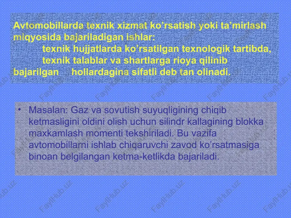qlovchi hujjat davlat standarti organlari tomonidan beriladigan sertifikatdir. bu qonunlardan tashqari davlatning yana bir qancha standartlari mavjud bo’lib, ular: xavfsizlikni ta’minlash va tabiatni asrash ekologik talablardan kelib chiqadi, masalan, avtomobil gabaritlari, chiroqlari, signalizatsiya, boshqaruv organlariga tegishli standartlar shular jumlasidandir. (3 – rasm, i bo’g’in). 3-rasm. avtoservis xizmatini huquqiy va me’yoriy ta’minlovchi hujjatlar tizimi. ii bo’g’in i bo’g’in iii bo’g’in davlat qonunlari va standartlar tarmoq, muassasalar standartlari, qoidalari va talablari ( nizomlar, qo’llanmalar va x.k.) xizmat ko’rsatuvchi korxonalar standartlari sifatni ta’minlovchi standartlar mijozlar uchun xizmat sifati-ni kafolatlovchi o’rsatmalar tashkiliy, texnik, texnologik va xokazo tadbirlar majmuasi buzilmay ishlash resurslari va yurgan yo’llar, kunlar va x.k. bu hujjatlarning servis xizmatiga taalluqli bo’lgani uchun quyidagilarini ko’rsatish zarur: «avtomobillarni sotishga tayyorlash qoidalari»; «avtomobillarga kafolatli texnik xizmat ko’rsatish to’g’risida nizom»; «ehtiyot qismlar katalogi»; «avtomobillarni ishlatish to’g’risida qo’llanmalar»; «avtomobillarni ta’mirlash to’g’risida qo’llanmalar»; «avtomobilning servis daftarchasi»; «avtoservis ishlab chiqarishini tashkil etish yo’riqnomasi»; «avtoservis xizmati ko’rsatish qoidalari» va h.k. …
