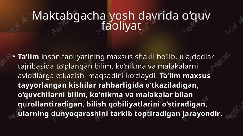 arning nomini va ulardan qanday foydalanishni biladi. xotirasi va tasavvurlari o‘sib, ko‘pgina she’r va hikoyalarni yoddan bilib oladi. bolaning nutqi ma’lum darajada usgan bo‘ladi, u o‘z urtoklari va kattalar bilan erkin suxbat kila oladi. yetti yoshli bolalarning his-tuyg‘ulari ancha o‘sadi. xayrixoxlik, raxmdillik, o‘rtoklik kabi his-tuyg‘ular mustaxkamlana boshlaydi. bolalarni qay paytda psixologik jihatdan maktabdagi o‘qishga tayyor deb hisoblash mumkin. bu davrda bolada turli harakatlar mustaxkamlanadi, u qaychi, igna, qa larn kabi qurollardan foydalanish malakasini egallay boshlaydi. biroq bu davrda ham bolada xali beixtiyor faollik ancha ustun turadi. shu sababli bolani qiziktiradigan yoki unga kuchli ta’sir qiladigai narsalar uning diqqatini jalb qiladi. bu yoshda ham o‘yin juda katta rol o‘ynaydi. o‘yin jarayonida bola o‘zini idora qilishga, o‘z harakatlarini o‘yin qoidalariga bo‘ysundirishga, javobgarlikka, jamoa manfaatini ustun qo‘yishga odatlanadi. bu hislatlar keyiichalik ukish mehnatiga utish uchun zarur bo‘lgan hislatlardir. o‘yin jarayonida bolaning akl-idroki, zexn va boshqa psixik xususiyatlari o‘sadi. bular o‘z navbatida, bolaning maktabda …
