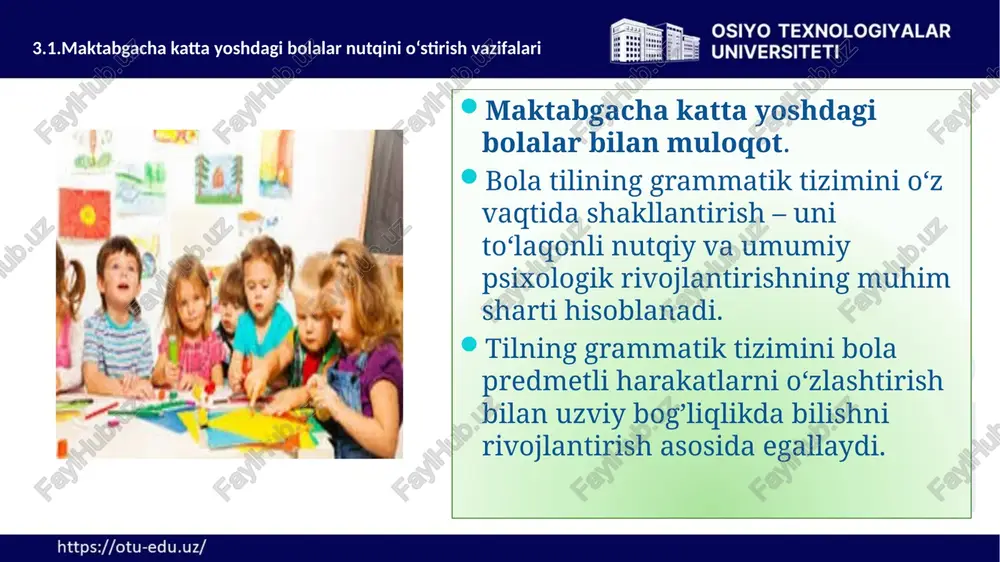 n choy ichish, qalamda rasm chizish, stulchaga o‘tirish va boshqalar). 3.2.maktabgacha katta yoshdgi bolalar bilan muloqot hayotining ikkinchi yiliga kelib bola narsa-buyumlarning xususiyatlarini (hajmi, shakli, rangi) va masofaviy munosabatlari (yaqin, uzoq), butun narsani qismlarga ajratish va qismlardan butun narsani yig’ishni (piramida, mashina kabi o‘yinchoqlarni qismlarga ajratadi va qayta yig’adi) o‘zi uchun kashf qiladi 3.2.maktabgacha katta yoshdgi bolalar bilan muloqot 3.2.maktabgacha katta yoshdgi bolalar bilan muloqot muloqotga bo‘lgan ehtiyoj, narsa-buyumlardan foydalanish boladan faol nutqqa ega bo‘lishni talab etadi. to‘g’ri ta’lim berilgan taqdirda yetti yoshga kelib bola og’zaki nutqni egallaydi hamda katta yoshli yaqinlari va tengdoshlari bilan erkin muloqotga kirisha oladi; dialogda tashabbus ko‘rsatib fikr bildiradi 3.2.maktabgacha katta yoshdgi bolalar bilan muloqot bola fikrlarini to‘liq va noto‘liq oddiy gaplar, qisqa matnlar shaklida ifodalay oladi;  tanish ertaklarni hikoya qilib berish, multfil’mlar, kitoblar mazmunini aytib berish hamda biron-bir voqeani to‘qib chiqarishga qiziqa boshlaydilar;  fikr bildirishlarda nutqning turli qismlarini, tashbehlar, qiyoslashlar va sinonimlarni …