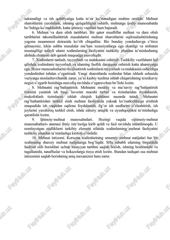 imoiy-tashkiliy munosabatlar bilan belgilanadi. 3.2. hodimlar faoliyatini tashkiliy jihatdan taminlashning mohiyati va mazmuni xodimlar faoliyatini tashkiliy jihatdan ta’minlashning mazmuni uning tarkibiy elementlari va yo’nalishlari bilan belgilanadi. ularning har biri alohida ahamiyatga ega. 1. mehnat taqsimoti va kooperatsiyasi. korxona miqyosida mehnat taqsimoti amalga oshirilib, uning kooperatsiyasi puxta o’ylab ko’rilgandan keyin korxona ichida mehnatni chuqur taqsimlash va kooperatsiyalashni amalga oshirish – alohida uchastkalar, xodimlar o’rtasida mehnatni taqsimlash, xodimlarni joy-joyiga qo’yish, ular faoliyatining o’zaro bog’lanishi va sinxronizatsiyasini ta’minlash imkonini beradi. 2. mehnat jarayonlarini tashkil etish. mehnat faoliyatini tashkiliy jihatdan ta’minlash mehnat jarayonlarini tashkil etish, ya’ni aniq ish turini bajarishda qo’llaniladigan usullarni belgilab olishni nazarda tutadi. mehnat jarayonlarini o’rganib chiqish va uni amalga oshirishga qancha ish vaqti sarflanishi zarurligini aniqlash eng yaxshi ish usullarini tanlash, ish joylarini oqilona taqsimlash imkonini beradi. 3. mehnatni me’yorlash. mehnat me’yorini belgilamasdan turib, xodimlar faoliyatini tashkiliy jihatdan ta’minlab bo’lmaydi. mehnatni me’yorlash xodimlar faoliyatini tashkiliy jihatdan ta’minlashning turli variantlarini baholash …