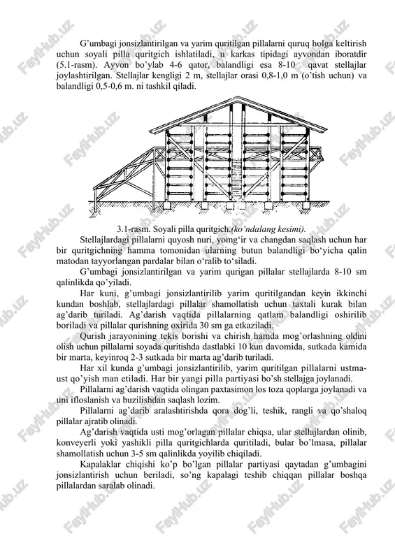 an g‘umbakni jonsizlantirish uchun pillalarni –19 dan –240 gacha bo‘lgan muzxonalarda saqlanadi. muzxonadagi pillalar ichidagi g‘umbaklar 12-20 soatdan keyin o‘ladi. temperaturasi 40 va undan kam bo‘lgan muzxonalarda saqlangan xom pillalarni g‘umbaklari 32-75 kun davomida, organizmni holdan toyishi natijasida jonsizlanadi. yuqori chastotali tok yordamida g‘umbakni jonsizlantirish usulida pilla yuqori chastotali maydonda qolib ichidagi qumbak o‘ladi va ichki issiq almashinishi natijasida u bir oz quriydi. g‘umbak 15 mgs. chastotali tokda 7 min. ichida batamom jonsizlanadi. bug‘ bilan jonsizlantirish va soyada quritish bizda keng qo‘llaniladi. bundan pillalar bug‘ kameralariga kirgizilib ularga to‘yingan par beriladi va kamera 600 gacha isitiladi. g‘umbag‘i jonsizlantirilgan pillalar soyada quritiladi. g‘umbakni issiq havo bilan jonsizlantirish va quritish usulida 60-90 minut davomida pillalarga 75-900 dagi issiq havo ta’sir ettiriladi. bu usul qulay va texnologik jihatdan yaxshi natijalar beradi. pillalar tp dan pdi bazasiga vazni bo’yicha tushiriladi. pdi bazasida pillalar taglik va yashiklar bilan birga qaytadan tortiladi. pillalar haqiqiy vazni bo’yicha …