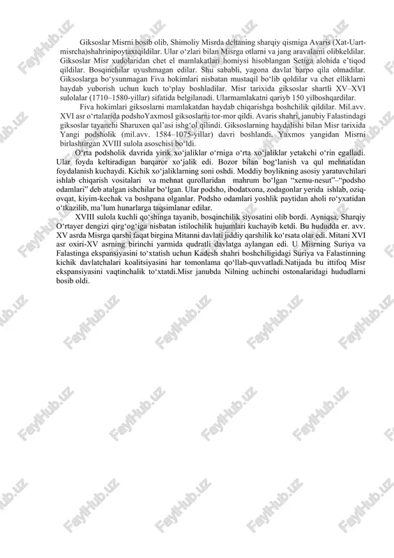 ni tayinlay boshladilar. xizmatdagi zodagonlar moddiy jihatdan podshoga to‘la qaram edilar. amenemxet iii davrida amaldorlardan biri bolalariga nasihatnomasida podshoni ko‘klarga ko‘taradi va o‘g‘illarini unga sadoqat bilan xizmat qilishga undaydi. chunki «podsho bu yemish» deb uqtiradi u. xii sulola fir’avnlari hokimiyatning merosiyligini kafolatlash maqsadida o‘z o‘g‘illari bilan birgalikda hukmronlik qilish an’anasini kiritadilar. fir’avn hokimiyati faqat amenemxet iii (mil.avv.1860–1806-yillar) davridagina to‘la mustahkamlanadi. 3.tashqi siyosat. mil.avv. 2000–1775-yillarda xii sulola fir’avnlari mamlakatni barqaror holatga keltirdilar. ular faol ichki va tashqi siyosat yuritib, misrni kuchli davlatga aylantirdilar. fayum vohasini o‘zlashtirish davom etdi. nubiyadagi boy oltin konlari ishlatila boshlandi. nubiyada yangi yo‘llar, qal’alar qurilib, bu yerga misrdan aholi ko‘chirilib keltirildi. nilning har ikki qirg‘og‘ida, ikkinchi ostona hududida semna va kumna nomli mustahkam qal’alar qurildi. nubiya amalda misrning provinsiyasi bo‘lib qoldi. sharqiy o‘rtayer dengizi hududlaridan kumush, qurilish yog‘ochi (asosan kedr yog‘ochi) olib kelindi. finikiyaning bir necha shaharlari misrga qaram bo‘ldi. ammo mil.avv. xviii asr o‘rtalarida o‘rta podsholikning …