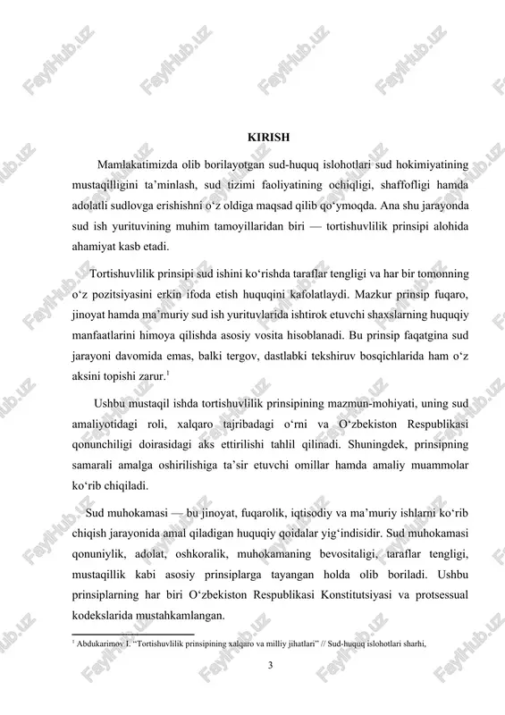 boshqa ishtirokchi o‘z ona tilida gapirish va ishni tushunish huquqiga ega. zarur bo‘lsa, tarjimon xizmatidan bepul foydalanish kafolatlanadi. 8. sud qarorining qonuniyligi va asoslanganligi sud qarori faqat qonuniy, sudda tekshirilgan va isbotlangan dalillarga asoslanishi kerak.[footnoteref:2] [2: jinoyat protsessual kodeksi] kurs ishining dolzarbligi: sud-huquq tizimida adolatli va ochiq sud jarayonlarini ta’minlash bugungi kunda eng muhim masalalardan biridir. xususan, sudlarda tortishuvlik (adversarial) prinsipining to‘liq va to‘g‘ri qo‘llanilishi fuqarolarning sud orqali huquqlarini himoya qilish imkoniyatlarini kengaytiradi, sud qarorlarining asoslanganligi va adolatga mosligini oshiradi. o‘zbekiston respublikasi konstitutsiyasi hamda “sudlar to‘g‘risida”gi qonun hujjatlarida tortishuvlik prinsipi muhim tamoyil sifatida belgilab qo‘yilgan. oxirgi yillarda olib borilayotgan sud-huquq islohotlari, xususan, sud jarayonlarining ochiqligi va taraflar tengligini ta’minlash yo‘lidagi chora-tadbirlar, mazkur prinsipi amaliyotda samarali tatbiq etish zaruratini yanada oshirmoqda. shu sababli, sudlarda tortishuvlik prinsipining nazariy asoslarini o‘rganish, uning amaliy tatbiqini tahlil qilish va mavjud muammolarni aniqlash orqali takomillashtirish bo‘yicha tavsiyalar ishlab chiqish bugungi kunda dolzarb ahamiyat kasb etadi. kurs …