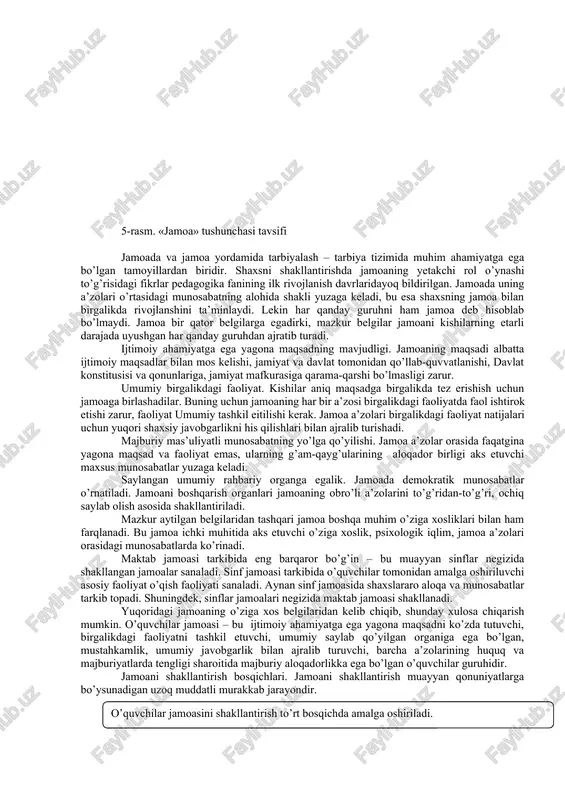 t, jismoniy tarbiyani qamrab oladi. ta’lim muassasalaridagi tarbiyaviy ishlarning turli yo’nalishlari bilan bog’liqlikda fuqarolik, siyosiy, baynalmilal, axloqiy, estetik, mehnat, jismoniy, huquqiy, ekologik, iqtisodiy tarbiyaga bo’linadi. institutsional belgilariga bo’yicha oila, ta’lim muassasasi, ta’lim muassasasidan tashqari, diniy, bolalar, yoshlar tashkilotlaridagi tarbiya, maxsus ta’lim muassasalaridagi tarbiyaga bo’linadi. tarbiya va tarbiyalanuvchilar orasidagi munosabatlar uslubiga ko’ra avtoritar, demokratik, liberal, erkin tarbiya; turli falsafiy kontseptsiyalar bilan bog’liqlikda pragmatik, aksiologik, jamoaviy, individual tarbiya farqlanadi. jamoa tarbiya ob`yekti va sub`ekti sifatida.tarbiyaning umumiy metodlari tayanch tushunchalar: jamoa, o’quvchilar jamoasi, jamoaning shakllanish bosqichlari, jamoaning shakllanish darajalari, konformizm, lider, norasmiy lider. jamoa haqida tushuncha. jamoa (lotincha «kollektivus» so’zining tarjimasi bo’lib, yig’ilma, omma, birgalikdagi majlis, birlashma, guruh) bir necha a’zo (kishi)lardan iborat bo’lib, ijtimoiy ahamiyatga ega umumiy maqsad asosida tashkil topgan guruh demakdir. zamonaviy talqinda «jamoa» tushunchasi ikki xil ma’noda ishlatiladi. birinchidan, jamoa deganda bir necha kishilarning muayyan maqsad yo’lida birlashuvidan iborat tashkiliy guruhi tushuniladi (masalan ishlab chiqarish jamoasi, zavod jamoasi, o’quv …