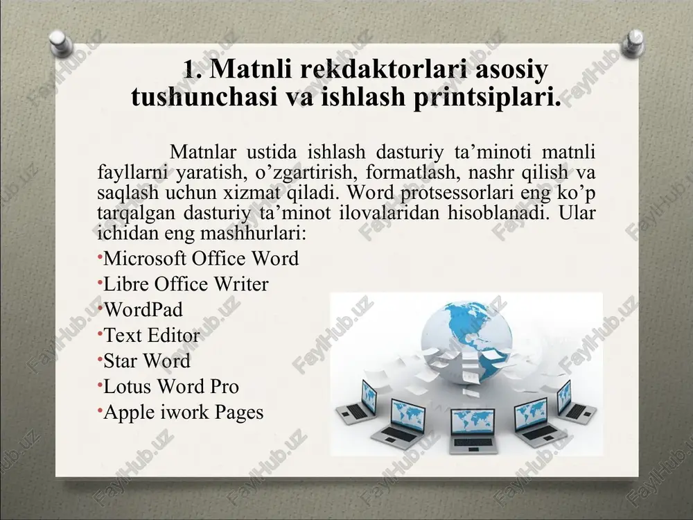 oncha» kursorini belgilanuvchi matn boshiga olib borib chap tugmasini bosib turgan holda belgilanuvchi matn oxirigacha olib boriladi. bunda belgilangan joy qora fon va oq yozuv holida bo'ladi. belgilangan joy ustida turli xil amallar bajarish mumkin. «sichqoncha» ni ishchi maydonning ixtiyoriy joyiga bossak belgilanish yo'qoladi. belgilangan matn microsoft word dasturida matnni belgilash: 2. matn satrlarini belgilash. «sichqoncha» kursorini belgilanuvchi satr boshiga olib borib chap tugmasini bosib turgan holda belgilanuvchi oxirgi satrgacha olib boriladi. bunda belgilangan joy qora fon va oq yozuv holida bo'ladi. belgilangan joy ustida turli xil amallar bajarish mumkin. «sichqoncha» ni ishchi maydonning ixtiyoriy joyiga bossak belgilanish yo'qoladi. belgilangan matn satrlari microsoft word dasturida matnni belgilash: 3. matnni klaviatura orqali belgilash. kursorni belgilanuvchi satr boshiga olib borib shift tugmasini bosib turgan holda  ,  ,  va  yo'naltiruvchi tugmalardan foydalanib kerakli matn belgilanadi. bunda belgilangan joy qora fon va oq yozuv holida bo'ladi. belgilangan joy ustida turli …