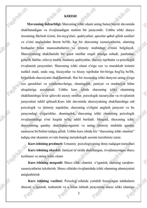 , his-tuyg'ular, qadriyatlar, ijtimoiy munosabatlar va o'zini anglashdan iborat bo'lgan murakkab tizimdir. shaxsiyatning shakllanishi jarayoni bir qator omillar va psixologik mexanizmlar orqali amalga oshadi. ushbu jarayon ko'plab ichki va tashqi faktorlar tomonidan ta'sirlanadi va vaqt o‘tishi bilan rivojlanadi. shaxsning ichki dunyosini shakllantiruvchi asosiy omillarni quyidagi nuqtalarda ko‘rib chiqish mumkin: 1. genetik va biologik omillar: shaxsiyatning biologik asoslari genetik xususiyatlarga bog‘liqdir. har bir insonning genetik strukturalari uning temperamentini, hissiyotlarining kuchini, impulsivligini va boshqa ko‘plab xususiyatlarini belgilaydi. masalan, ba'zi odamlar tabiatan ko‘proq xavotirli yoki introvert bo‘lishi mumkin, boshqalari esa extrovert yoki ko‘proq ijtimoiy bo‘lishadi. bu xususiyatlar shaxsning ichki olamining boshlang‘ich shakllanishiga ta’sir qiladi. 2. oilaviy muhit va tarbiya: shaxsning ichki dunyosining shakllanishida oilaning o‘rni nihoyatda katta. ota-onaning tarbiyaviy uslubi, munosabatlar, ehtiyotkorlik va qo‘llab-quvvatlash darajasi shaxsning o‘ziga bo‘lgan munosabatini, boshqalar bilan aloqalarini va umumiy o‘zlikni anglash jarayonini shakllantiradi. oilaviy muhitda ota-onalar tomonidan berilgan qadriyatlar va o‘zaro muloqot usullari, shuningdek, muhitning to‘g‘ri yoki noto‘g‘ri …
