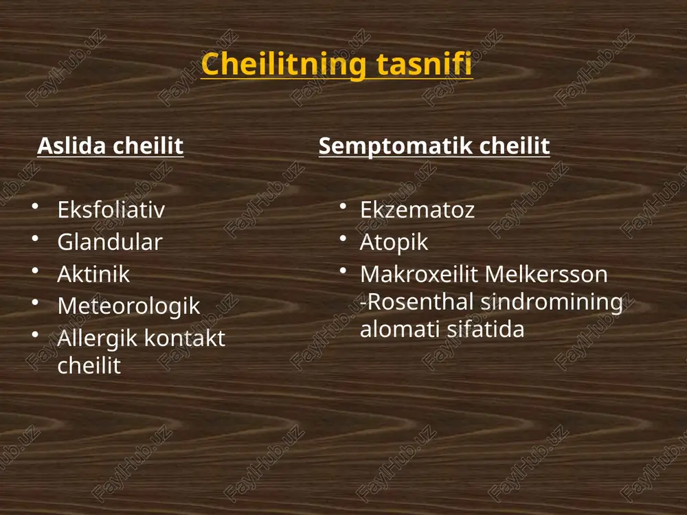 enik lab bo'yog'i bilan yog'lash tavsiya etiladi . loblarning surunli yorish surunkali yorilgan lab - cheklangan yallig'lanish, unda yoriq shaklidagi nuqson paydo bo'ladi epiteliy va lamina propria. bo'lishida individual tuzilish va surunkali shikastlanish katta ahamiyatga ega . lablar. meteorologik omillar sabab bo'ladi quruq lablar, elastiklikning yo'qolishi va yoriqlar paydo bo'lishi ham gipovitaminoz bilan bog'liq (muvaffaqiyatsizlik retinol va b vitaminlari). mikrob flora yoriqlar mavjudligini qo'llab-quvvatlaydi va ularning shifo topishiga to'sqinlik qiladi. klinika. dudakning qizil chegarasida bitta chiziqli yoriq paydo bo'ladi . ko'pincha u mahalliylashtirilgan o'rta qism, ba'zan og'iz burchaklarida. dudaklarga tarqalishi mumkin, lekin hech qachon teriga tarqalmaydi . birinchi marta hosil bo'lgan yoriq qonli qobiq bilan qoplangan, giperemik qizil rang bilan o'ralgan chegara at uzoq muddatli mavjudligi xuddi shu joyda, vaqtincha yoriqlar paydo bo'lishi mumkin shifo, lekin keyin yana takrorlanadi. ularning qirralari asta-sekin qalinlashadi , qo'pol bo'lib, keratinize bo'lishi mumkin . diagnostika surunkali yorilgan labda hech qanday qiyinchilik tug'dirmaydi. davolash. kasallikning …