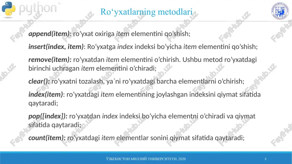 rs data for deleting number = input("enter the number that you want to edit: ") # finding the item in which the number for item in phonenumbers: if number.lower() == item[0].lower(): print("enter the data of editing number") item[0] = input("new number: ") brea o'zbekiston milliy universiteti, 2020 9 masala kodi 5 # func: deleting the needed number def deletenumber(): global phonenumbers # input the numbers data for deleting number = input("enter the number that you want to delete: ") # finding the item in which the number for item in phonenumbers: if number.lower() == item[0].lower(): phonenumbers.remove(item) break # func: printing the last number def printlastnumber(): global phonenumbers # get last number's data last_number = phonenumbers[-1] print("the last number: ") print(last_number) o'zbekiston milliy universiteti, 2020 10 vazifalar yuqoridagi masaladan foydalanib, quyidagi asosiy funksiyalarning kodi yozilsin va testlar o‘tkazilsin: def seperatebyoddandpair(): pass def sort(): pass o'zbekiston milliy universiteti, 2020 11 image3.png image4.png …