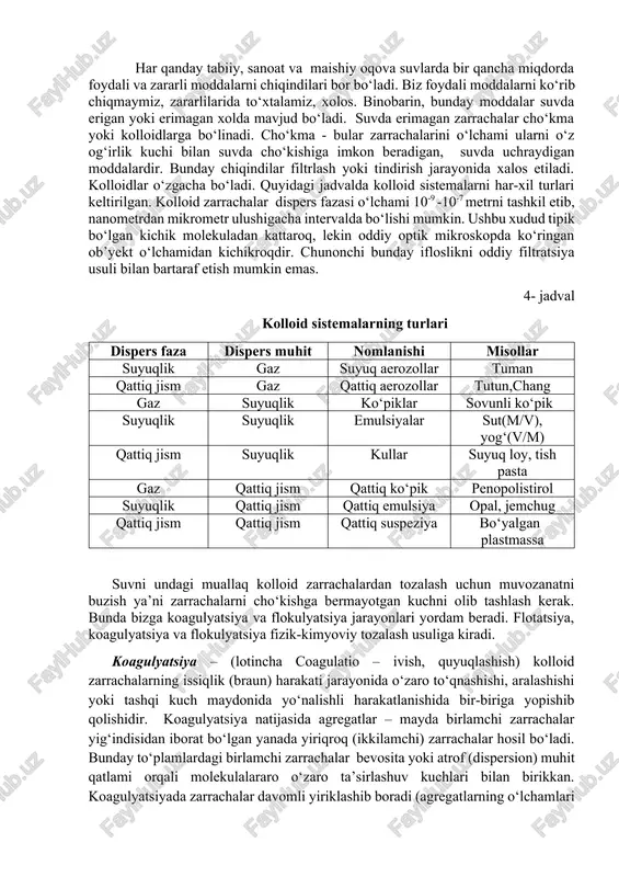 n bakteriyalarni infuzorlar, amyoblar va boshqa mayda jonivorlar yeb ilning bakterial massasini yoshartiradi. oqova suvlar biologik tozalashdan oldin mexanik usulda tozalanadi, undan so‘ng esa kasallangan bakteriyalarni yo‘qotish uchun kimyoviy usulda suyuq xlor bilan yoki oxakli xlor bilan xlorlanadi. dezinfektsiyalash uchun boshqa fizik-kimyoviy usullar ham qo‘llaniladi (ultratovush, elektroliz, ozonlash va boshqalar). kommunal maishiy oqova suvlarni tozalashda biologik usul katta natijalar beradi. ushbu usul neftni qayta ishlash korxonalari, tsellyuloza qog‘oz sanoati, sun’iy tola ishlab chiqarish korxonalari oqova suvlarini tozalashda ham qo‘llaniladi. 4 - laboratoriya ishi oqova suvlarni fizik-kimyoviy tozalash usullari ishdan maqsad: fizik-kimyoviy usul bilan suvdagi mayda zarrachalarni cho‘kish tezligini oshirish va koagulyant hamda flokulyantlar ishtirokida oqova suvdagi zarrachalarni cho‘kish kinetikasini aniqlash. ishni olib borish vaqti: 2 soat. nazariy qism har qanday tabiiy, sanoat va maishiy oqova suvlarda bir qancha miqdorda foydali va zararli moddalarni chiqindilari bor bo‘ladi. biz foydali moddalarni ko‘rib chiqmaymiz, zararlilarida to‘xtalamiz, xolos. binobarin, bunday moddalar suvda erigan yoki …