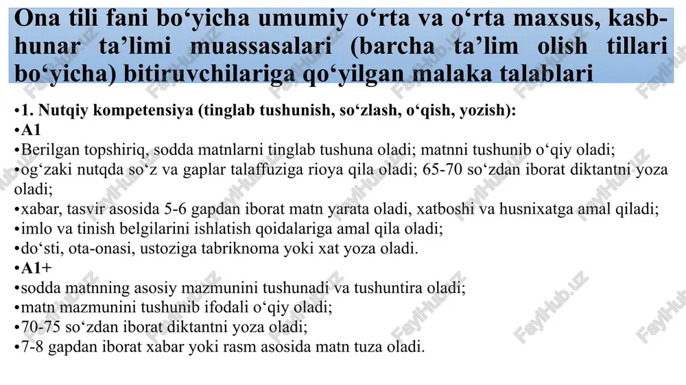 h r, kichik o‘, bosh o‘, kichik d, bosh d, kichik u, bosh u, kichik y, bosh y, kichik e, bosh e, kichik g, bosh g, kichik ng, kichik s, bosh s, kichik h, bosh h, kichik sh, bosh sh, kichik p, bosh p, kichik q, bosh q, kichik ch, bosh ch, kichik j, bosh j, kichik g‘, bosh g‘, kichik z, bosh z, kichik v, bosh v, kichik x, bosh x, kichik f, bosh f harfini va ular ishtirok etgan so‘zlarni, (’) tutuq belgisi qatnashgan so‘zlarni to‘g‘ri va aniq yoza oladi. alifboni yozma shaklda yoza oladi. harflarni bir-biriga bog‘lab, ko‘chirib, namunaga qarab yoza oladi. bosma va yozma harflarni, ular ifodalaydigan tovushlarni to‘g‘ri talaffuz eta oladi. matnni gap ohangiga rioya qilgan holda aniq, ravon o‘qiy oladi. shuningdek, 3-4 ta so‘zni eshitib va 2-3 so‘zdan tuzilgan gapni namuna asosida yoza oladi. lingvistik kompetensiya elementi: o‘zbek tilida nutq tovushlarini to‘g‘ri qo‘llay oladi, …