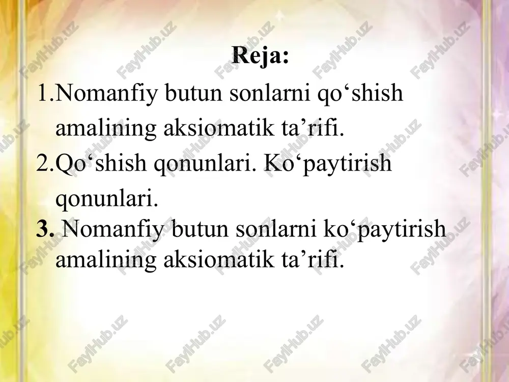 gi va yagonaligi. qo’shish amalining ta’rifi va xossalarini ayting. foydalanilgan asosiy adabiyotlar jumayev m. e. “matematika o‘qitish metodikasi”. (oo‘yu uchun darslik toshkent. “bayyoz”, 2023-yil. abdullayeva b.s. sadikova a.v. xamedova n.a. muxitdinova n.m. toshpulatova m.i. boshlang‘ich matematika kursi nazariyasi. (boshlang‘ich ta’lim va sport-tarbiyaviy ish bakalavr ta’lim yo‘nalishi talabalari uchun darslik). tafakkur bo’stoni. 2020-yil. 121-123- betlar d.n.nusratova, a.shamshiyev boshlang`ich matematika kursi nazariyasi (amaliy mashg`ulotlar uchun). “vneshinvestprom„- toshkent-2021 – 90-93- bet 19 e’tiboringiz uchun rahmat thank you for your attention image2.png image3.png image4.jpeg image5.png image6.png image7.png image8.png image1.jpg