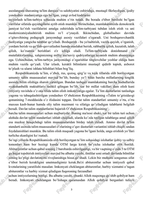 lligiga asoslangani shaxsning ta'lim darajasi va salohiyatini oshirishga, mustaqil fikrlaydigan, ijodiy yondoshuv madaniyatiga ega bo’lgan, yangi avlod kadrlarini tayyorlash ta'lim-tarbiya sohasida muhim o’rin tutadi. bu borada e'tibor berilishi bo’lgan vazifalar sifatida quyidagilarni aytib otish mumkin. birinchidan, mamlakatimizda demokratik jamiyat ko’rish vazifalarini amalga oshirishda ta'lim-tarbiyani tubdan isloh etish va uni modernizatsiyalashtirish muhim ro’l oʻynaydi. ikkinchidan, globallashuv davrida o’qituvchining pedagogik jarayondagi asosiy vazifalari o'zgaradi. uni boshqaruvchanlik faoliyatiga yangicha talablar qoʻyiladi. boshqarish - bu yo'naltirish, vazifa quyish, o’rganish, yordam berish va qo’llab-quvvatlashni hamda maslahat berish, rahbarlik qilish, kuzatish, talab qilish, ko’rsatma berishlari o'z ichiga oladi. ta'lim-tarbiyada donishmand va mutafakkirlarning, xalqimizning milliy ma'naviy qadriyatlariga tayanish muhim ahamiyatga ega. uchinchidan, ta'lim-tarbiya jarayonidagi o’zgarishlar tinglovchilar yoshlar oldiga ham muhim vazifa qoʻyadi. ular izlash, kerakli bilimlarni mustaqil qidirib topish, axborot to’plash va ularni ishlata bilishlari bilan bog’liq. respublikamizda ta’lim, o’zbek, rus, qozoq, qirg’iz va tojik tillarida olib borilayotgan umumiy talim muassasalari mavjud bo’lib, bunday yo’l bilan barcha …