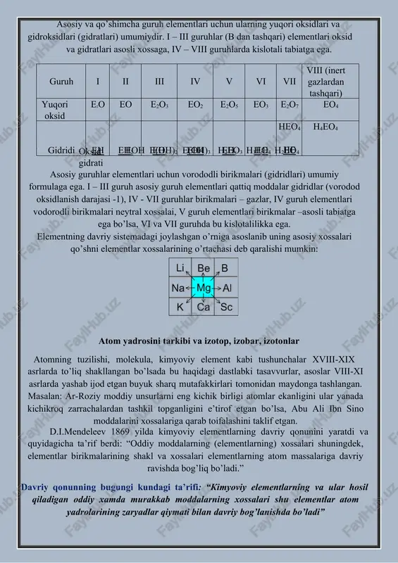 laydigan bo’lsak ularda davr ichida ham ikki xil o’zgarish qonuniyati borligini kuzatish mumkin. shuni ham ta’kidlash kerakki “asosiy davriylik”, “ikkilamchi davriylik” va “ichki davriylik” umumiy tushunchalar emas va ba’zi maxsus adabiyotlardagina keltiriladi va izohlanadi. guruh – katta va kichik davr elementlarini o’z ichiga olgan vertikal qator. guruhlarda elementlarning valent elektronlar soni bir xil bo’lib, u guruh nomeriga tengdir. guruhlar asosiy (s va p-elementlar) va qo’shimcha (d va f elementlar) guruhlarga bo’linadi. barcha guruhlarda yadro zaryadi ortib borishi bilan (davr raqami ortishi) metallik xossasi kuchayadi, atom radiusi ortib boradi, ionlanish energiyasi, elektronga moyillik, elektromanfiylik kamayadi. asosiy va qo’shimcha guruh elementlari uchun ularning yuqori oksidlari va gidroksidlari (gidratlari) umumiydir. i – iii guruhlar (b dan tashqari) elementlari oksid va gidratlari asosli xossaga, iv – viii guruhlarda kislotali tabiatga ega. guruh i ii iii iv v vi vii viii (inert gazlardan tashqari) yuqori oksid e2o eo e2o3 eo2 e2o5 eo3 e2o7 eo4 gidridioksid …