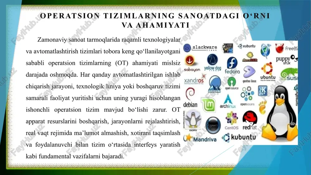 sozlikka bardoshli tizim sifatida tanilgan. qnx tizimi ko‘plab afzalliklarga ega bo‘lib, ularni quyidagi asosiy yo‘nalishlarda tahlil qilish mumkin: real vaqt ishlash qobiliyati (real-time performance): qnx tizimi “hard real-time” rejimda ishlaydi, ya’ni tizim javob berish vaqti qat’iy aniqlangan va kechikishlar deyarli bo‘lmaydi. bu sanoat avtomatikasi, robototexnika, tibbiyot uskunalari kabi sohalarda juda muhim. mikroyadroli arxitektura: qnx mikroyadrosi juda kichik hajmli bo‘lib (taxminan 100 kb), bu tizimni yengil, tezkor va modulli qiladi. har bir xizmat alohida jarayon sifatida ishlaydi, bu esa ishonchlilikni oshiradi. barqarorlik va ishonchlilik: yadro darajasidagi nosozliklar tizimning umumiy ishlashiga ta’sir qilmaydi. shu sababli qnx ko‘plab xavfsizlik muhim tizimlarda (safety-critical systems) ishlatiladi. xavfsizlik standartlariga moslik: qnx xalqaro xavfsizlik sertifikatlariga ega — masalan, iso 26262 (avtomobil sanoati uchun) va iec 61508 (sanoat tizimlari uchun). bu uni tibbiy, harbiy va aviatsiya sohalarida ishlatish imkonini beradi. moslashuvchanlik va kengaytiriluvchanlik: qnx’ni turli apparat platformalariga (arm, x86, powerpc va boshqalar) o‘rnatish mumkin. shuningdek, u boshqa otlar …