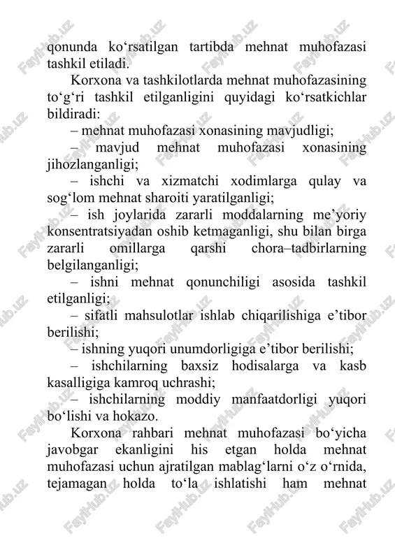 yicha o‘qitiladi. o‘quv maqsadlarida maketlar, ko‘rgazmali qurollar, yo‘riqnomalar, korjoma va maxsus poyabzal hamda himoya vositalari andozalaridan ishga yaroqli, yaroqsiz asbob uskunalar na’munalari bilan jihozlangan stendlar, diafilmlar, diapozitiv va videoroliklardan foydalaniladi. ishchilar bilan yillik texnikaviy minimumlar, muhandis va texnik hodimlar oylik kengashlar o‘tkazishda tematik kinofilmlar ko‘rsatish zarur, shunda mehnat muhofazasi qoidalari ishlovchilar yodida qoladi. mehnat muhofazasi burchaklarida ish bosqichlari sinov o‘tkazish bo‘yicha hujjatlar to‘planadi, mehnat muhofazasiga oid amalda bo‘lgan barcha yo‘riqnomalar osib qo‘yiladi. mehnat muhofazasi bo‘yicha jamoatchi inspektorlar ilg‘or ish tajribasini qo‘llaydilar, o‘z korxonalari hamda korxona va tayyorlash punktlaridagi mehnat muhofazasi borasidagi ratsionalizator takliflari kiritiladi. tashkilotning mehnatni muhofaza qilish xizmatlari ishlab chiqarish faoliyatini amalga oshiruvchi, xodimlarining soni ellik kishi va undan ortiq bo‘lgan har bir tashkilotda mehnatni muhofaza qilish talablariga rioya etilishini ta’minlash, ularning bajarilishi ustidan nazoratni amalga oshirish maqsadida mehnatni muhofaza qilish xizmati tashkil etiladi yoki mehnatni muhofaza qilish bo‘yicha tegishli tayyorgarlikka ega bo‘lgan mutaxassis lavozimi joriy etiladi. ellikta va …