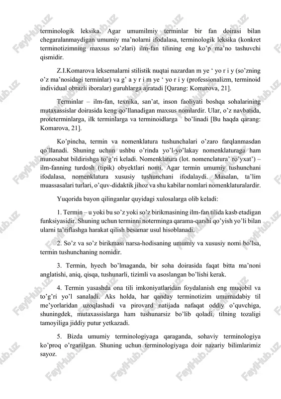 i deganda uning ta’rifida berilgan tushunchaga xos barcha belgilarning mavjudligi tushuniladi. 5. l i s o n i y a s o s: o’z yoki o’zga til asosida yasalgan terminlardan birini tanlash lozim bo’lganda, albatta, o’z termindan foydalanish maqsadga muvofiq. chunki o’zlashma terminlarni ko’p va asossiz ravishda qo’llash muqarrar ravishda terminologiyaning umumxalq tilidan ajralib va nomutaxassislarga tushunarsiz bo’lib qolishiga olib keladi [qarang: volkova, 75]. terminning struktur tarkibi, v.p.danilenkoning ko’rsatishicha, uch lug’aviy qatlamni o’z ichiga oladi: 1) noterminologik leksika; 2) umumilmiy leksika; 3) terminologik leksika. agar umumilmiy terminlar bir fan doirasi bilan chegaralanmaydigan umumiy ma’nolarni ifodalasa, terminologik leksika (konkret terminotizimning maxsus so’zlari) ilm-fan tilining eng ko’p ma’no tashuvchi qismidir. z.i.komarova leksemalarni stilistik nuqtai nazardan m ye ‘ yo r i y (so’zning o’z ma’nosidagi terminlar) va g’ a y r i m ye ‘ yo r i y (professionalizm, terminoid individual obrazli iboralar) guruhlarga ajratadi [qarang: komarova, 21]. terminlar – ilm-fan, …