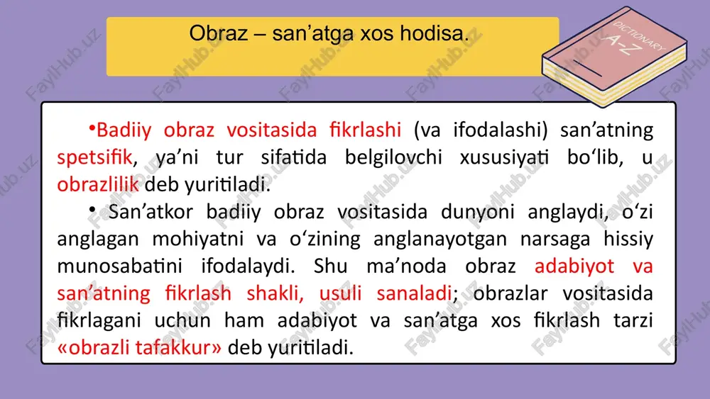 diiy obraz turlari: inson obrazi, jonivorlar obrazi, tabiat obrazi, narsa-buyumlar obraz murakkablik darajasiga ko‘ra badiiy obraz turlari: elementar obraz, detal-obraz, peyzaj (interyer va natyurmort), inson obrazi, obrazli gipertizim predmetlilik darajasiga ko’ra badiiy obraz turlari: detal obrazlar; voqea-hodisalar obrazi; xarakter va sharoit; dunyo va taqdir obrazi (badiiy reallik). umumlashtirish darajasiga ko‘ra badiiy obraz turlari: individual obraz - o‘zigagina xos bo‘lgan fe’l-atvori, gap-so‘zlari, betakror xarakter xususiyatlari bilan namoyon bo‘luvchi obrazlar; xarakter – muayyan davr va muhit kishilariga xos eng muhim, xarakterli umumiy xususiyatlar bilan alohida shaxsga xos individual xususiyatlarni o‘zida uyg‘un mujassam etgan obraz; tipik obraz – muayyan ijtimoiy-tarixiy sharoit, davr va muhitga xos muhim xarakterli xususiyatlarni o‘zida namoyon etgan obraz. muayyan darajada turg‘un shaklni olgan holda adabiy-badiiy jarayonda takrorlanishiga ko’ra badiiy obraz turlari: motiv (motiv-obraz) – shakliy va mazmuniy jihatlardan muayyan turg‘unlik kasb etgan, bir yoki bir necha ijodkorning asarlarida qaytarilib turishi bilan ularning ijodiy intilishlarini namoyon etib turuvchi obraz; topos …