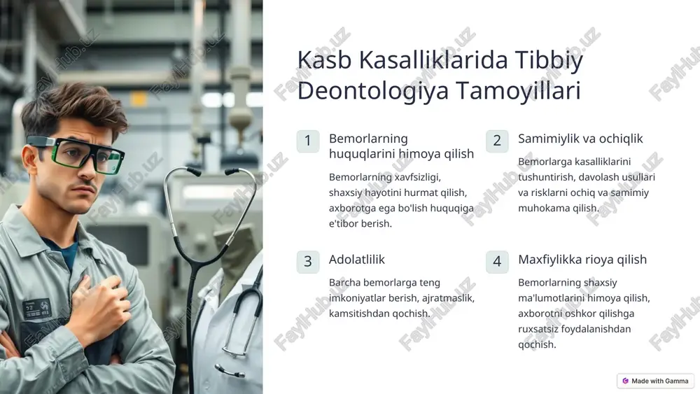 i joriy etish. 2 ta'lim tibbiy deontologiya bo'yicha ta'lim va o'qitish dasturlarini takomillashtirish. 3 tadqiqot kasb kasalliklarini oldini olish va davolash usullarini tadqiq qilishni rag'batlantirish. *