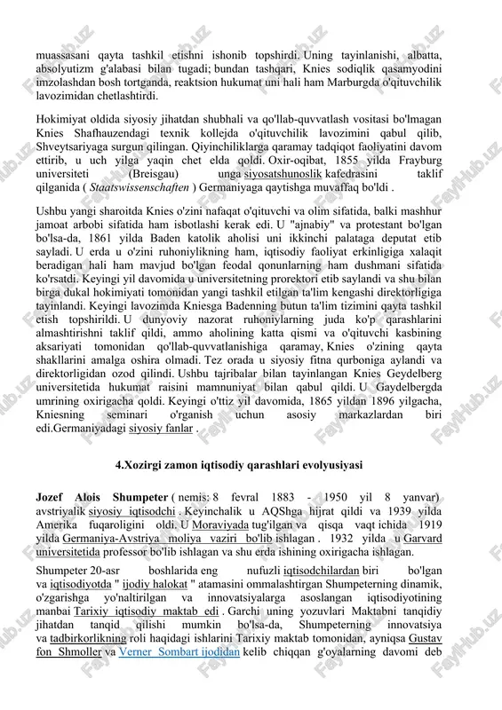 a, geol., geodeziya sohalariga oid asarlar ham yaratgan. g. sheʼrlarini oʻzbek tiliga tarjima qilish 20-asrning yigirmanchi yillaridan boshlangan (choʻlpon, oybek, shayx-zoda va boshqalar). keyinchalik g.ning "faust" (erkin voxidov tarjimasi, 1972—75), "magʻribu mashriq devoni" (s. salim buxoriy tarjimasi, 1985—90), "yosh verterning iztiroblari" (ya. egamova tarjimasi, 1975) kabi asarlari oʻzbek tilida nashr etilgan. g. ijodi haqida oʻzbek adabiyotshunos va tanqidchilari (v. zohidov, i. gʻafurov, o. olloberganov, ya. egamova, poshali usmon ugli va boshqalar) adabiy-tanqidiy makrlalar yozishgan. germaniyaning maʼrifiy-madaniy tadqiqotlar olib boruvchi nufuzli markazi g. nomi bilan ataladi. gyote institutining filiallari jahonning 78 mamlakatida, shu jumladan toshkentda ham faoliyat koʻrsatmoqda (1998 yildan). 3. karl kniesning eski tarixiy maktabi. nemis tarixiy maktabining asoschilaridan biri bo'lgan iqtisodchi karl knies (1821–1898) marburgda (laxn) politsiya amaldorining o'g'li bo'lib tug'ilgan. u marburg universitetida tarix, falsafa va ilohiyotni o'qigan va 1846 yilda doktorlik va tarix va hukumatda munosib inson huquqlari bilan taqdirlangan. 1848 yil o'rtalarida siyosiy achchiqlanishda qatnashgan knies …