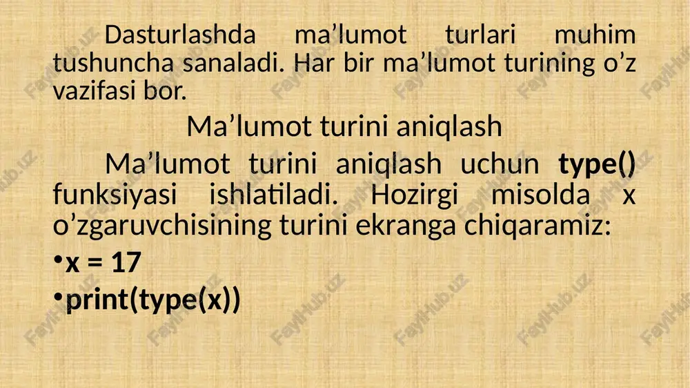 va turlari pythonda ma’lumot to’plamlarining turlari 4 xil. ulardan odatda bir nechta yoki undan ham ko’p qiymatlarni saqlashda foydalanamiz. bizga kerak bo’lganda o’sha to’plamlarga murojaat qilib tegishli qiymatlarni olamiz. har bir ma’lumot to’plamining o’z xususiyatlari bor va shunga ko’ra ularni kerakli joyda tanlab ishlatamiz. 13 list – tartiblangan va o’zgaruvchan ro’yxat. elementlarini dublikatlash mumkin. tuple – tartiblangan va o’zgarmas ro’yxat. elementlarini dublikatlash mumkin. set – tartiblanmagan va indekslanmagan to’plam. elementlari dublikatlanmaydi. dictionary – tartiblanmagan, o’zgaruvchan va indekslangan to’plam. elementlari dublikatlanmaydi. 14 list (ro’yxat) list- pythonda erkin turdagi obyektlarning o`zgaruvchan qatorlashgan kolleksiyasi hisoblanadi (massivga o`xshash, lekin tiplar har xil bo`lishi mumkin). ro`yxatlardan foydalanish uchun ularni tuzish kerak. list – aytib o’tganimizdek tartiblangan va o’zgaruvchan ro’yxat. ro`yxatni har xil yondashuvlar yordamida yaratish mumkin. uni kvadrat qavslar bilan hosil qilamiz: mashina = ["audi", "mustang", "ferrari"] print(mashina) 15 elementlarga murojaat list elementlariga murojaat qilish uchun, murojaat qilinayotgan elementning indeksi ko’rsatiladi. sanoq har doimgidek 0 …