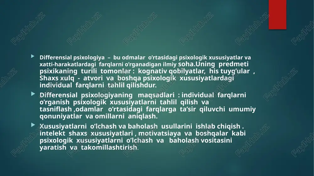 urar joy : yashash joyi iqlim sharoiti va resurslarning mavjudligi ham shaxs va hulq atvorning shakillanishiga ta’sir qilishi mumkun. biologik xususiyatlar: fiziologik farqlar : turli hil fziologik predmentlar masalan, garmonlar darajasi , asab tizimining javoblari va boshqalar psixologik hususiyatlarga ta’sir qilishi mumkun. faktorlarni o’zaro ta’siri : individual farqlar ko’pincha bir necha omillarning o’zaro ta’sirida kelib chiqadi va ularning shakllanishi tushunish kopmleks yondashuv va tadqiqotlarni talab qiladi . keling individual farqlarning asosiy manbaalrini ko’rib chiqamiz : genetika : har bir insoning irsiy kelib chiqishi uning shaxs xulq atovoriada shakillanishiga sezilarli ta’sir ko’rsatadi .genetik omillar irsiy kasalliklar , temperament ,va muayyan his tuyg’ularga moyillik yoki stressga reaksiyalarni belgilaydi . masalan intereversiya yoki ekstraversiya kabi ba’zi individual xususiyatlar genetik asosga ega bo’lishi mumkun . diffrensial psixologiya usullari individual farqlarni o’rganish uchun keng ko’lamli yondashuvlarni qamrab oladi . ularning turli mezonlarga qarab tasniflash mumkun. kuzatish - individual hususiyatlarni aniqlash uchun xati harakatlarda namoyon bo’lishni …