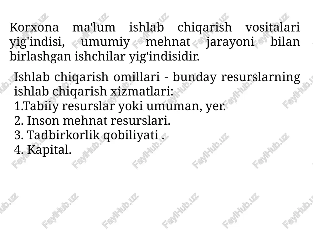 omil (resurs) birligiga to'g'ri keladigan mahsulot hajmi, boshqa omillar doimiy bo'lib qoladi. ylpi (jami) mahsulot (tr – total product, yki q – quantity) –bu barcha ishlab chiqarish omillarining butun hajmidan foydalangan holda olingan mahsulot hajmi. ishlab chiqarish xarajatlari-sotib olingan ishlab chiqarish omillari uchun to'lovdir. umumiy xarajatlar (ts – total costs)-ma'lum bir davrda mahsulot ishlab chiqarish uchun barcha resurs xarajatlari. o'rtacha xarajatlar yoki o'rtacha umumiy (as – average costs yki ats –average total costs) –bu mahsulot birligiga to'g'ri keladigan umumiy xarajatlar. marjinal xarajat (ms – marginal costs)- bir birlik uchun ishlab chiqarishni ko'paytirish bilan bog'liq qo'shimcha xarajatlar korxona daromadlari ham bo'linadi umumiy daromad (tr – total revenue)- bu olingan pul miqdori ma'lum bir davr uchun mahsulot sotish (mahsulotning umumiy ishlab chiqarish mahsuloti uning narxiga ko'paytiriladi). o'rtacha daromad (ar – average revenue) -mahsulot birligiga to'g'ri keladigan umumiy daromad. marjinal daromad (mr – marginal revenue)- mahsulot sotish bir birlikka oshganida umumiy daromadning oshishi …