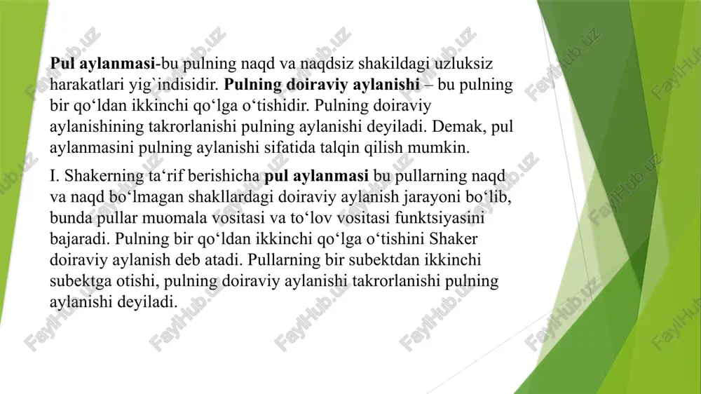 b shaharcha maydon jihatdan a shaharchadan katta bo‘lsa ham, aholi soni bo‘yicha undan kichkina. bank faoliyati yaxshi rivojlanmagan hamda bank tashkilotlari soni yetarli emas. tadbirkorlik faoliyati ham o‘z-o‘zidan rivojlanishi past darajada bo‘lib, bank orqali bo‘ladigan hisob- kitob operatsiyalari yaxshi rivojlanmagan. natijada aholi qo‘lidagi pul mablag‘larini banklarga ishonib topshirish tushunchasiga ega emas va bu b shaharchaning iqtisodiyoti barqarorligiga ta‘sirini ko‘rsatgan. bu ikki holatdan shuni aytish mumkinki, agar biror hududda pul aylanish darajasi qanchalik darajada past bo‘lsa, pul aholi qo‘lida shuncha kam aylanadi hamda pul massasining iqtisodiyotga ta‘siri ham sezilarsiz bo‘lishi kuzatiladi. pul aylanish darajasiga ta‘sir etuvchi omillar sirasiga quyidagilar kirishi mumkin: hududdagi moliyaviy tashkilotlar soni aholining umumiy soni amalga oshiriladigan pul o‘tkazmalari miqdori xorijiy iqtisodchi olimlardan biri ludwig von misesning ta‘kidlashicha pul aylanishi tushunchasining asosiy mohiyati shundan iboratki, bu jarayonni nafaqat butun bir iqtisodiyot darajasida balki, alohida individuallar faoliyati misolida o‘rganish kerak. shu jihatdan pul aylanishi jarayonini o‘rganishda narxlar va xarid …