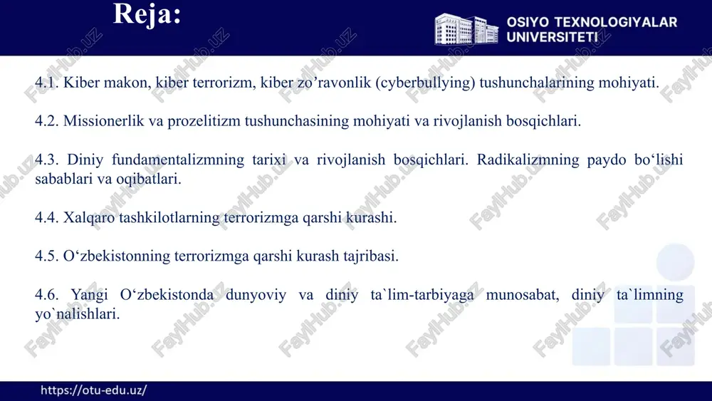 rli usulda etkazish mumkin. bu usul ko‘pincha ko‘ngilochar xarakterda bo‘lib, dinni yoshlar orasida yanada ommalashtirish maqsadida qo‘llaniladi. xabarnomalar va elektron kitoblar elektron kitoblar (e-book), broshyuralar va axborot byulletenlari orqali diniy ma’lumotlarni bepul yoki pulli asosda taqdim etish ham keng tarqalgan. elektron kitoblar diniy ta’limotlar, tarixiy ma’lumotlar yoki axloqiy masalalarni chuqurroq o‘rganishga yordam beradi. suhbatxonalar va guruh chatlari. telegram, whatsapp va discord kabi platformalarda diniy guruhlar va chatlar tashkil qilinadi. bu guruhlar orqali odamlar o‘zaro savol-javob qilishi, diniy masalalarni muhokama qilishi va ta’lim olish imkoniyatiga ega bo‘lishadi. reklama va ommaviy xabarlar ko‘plab diniy tashkilotlar ijtimoiy tarmoqlarda reklama kampaniyalari olib borishadi. bu orqali ular o‘z veb-saytlariga yoki youtube kanallariga auditoriya jalb qilishga intilishadi. 4.1. kiber makon, kiber terrorizm, kiber zoʼravonlik (cyberbullying) tushunchalarining mohiyati. 8 internet saytlari va ijtimoiy tarmoqlar bugungi kunda diniy targ‘ibotning eng samarali usullaridan biriga aylandi. diniy tashkilotlar, jamoalar va shaxslar bu platformalar orqali keng auditoriyaga tezda yetib borishi, o‘z …