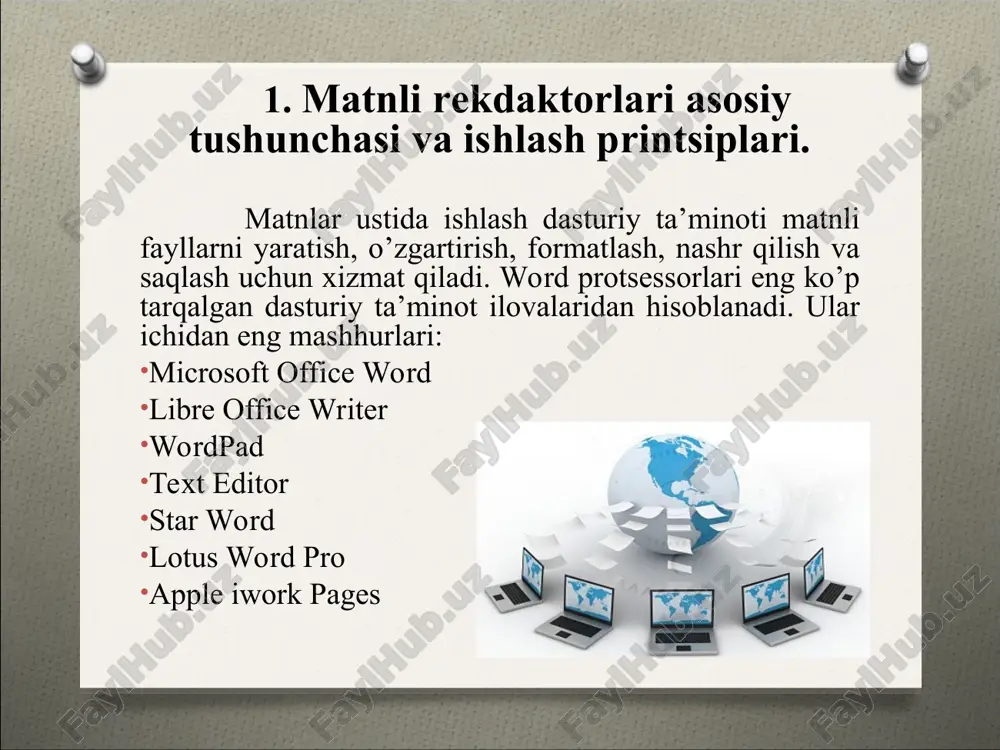 oncha» kursorini belgilanuvchi matn boshiga olib borib chap tugmasini bosib turgan holda belgilanuvchi matn oxirigacha olib boriladi. bunda belgilangan joy qora fon va oq yozuv holida bo'ladi. belgilangan joy ustida turli xil amallar bajarish mumkin. «sichqoncha» ni ishchi maydonning ixtiyoriy joyiga bossak belgilanish yo'qoladi. belgilangan matn microsoft word dasturida matnni belgilash: 2. matn satrlarini belgilash. «sichqoncha» kursorini belgilanuvchi satr boshiga olib borib chap tugmasini bosib turgan holda belgilanuvchi oxirgi satrgacha olib boriladi. bunda belgilangan joy qora fon va oq yozuv holida bo'ladi. belgilangan joy ustida turli xil amallar bajarish mumkin. «sichqoncha» ni ishchi maydonning ixtiyoriy joyiga bossak belgilanish yo'qoladi. belgilangan matn satrlari microsoft word dasturida matnni belgilash: 3. matnni klaviatura orqali belgilash. kursorni belgilanuvchi satr boshiga olib borib shift tugmasini bosib turgan holda  ,  ,  va  yo'naltiruvchi tugmalardan foydalanib kerakli matn belgilanadi. bunda belgilangan joy qora fon va oq yozuv holida bo'ladi. belgilangan joy ustida turli …