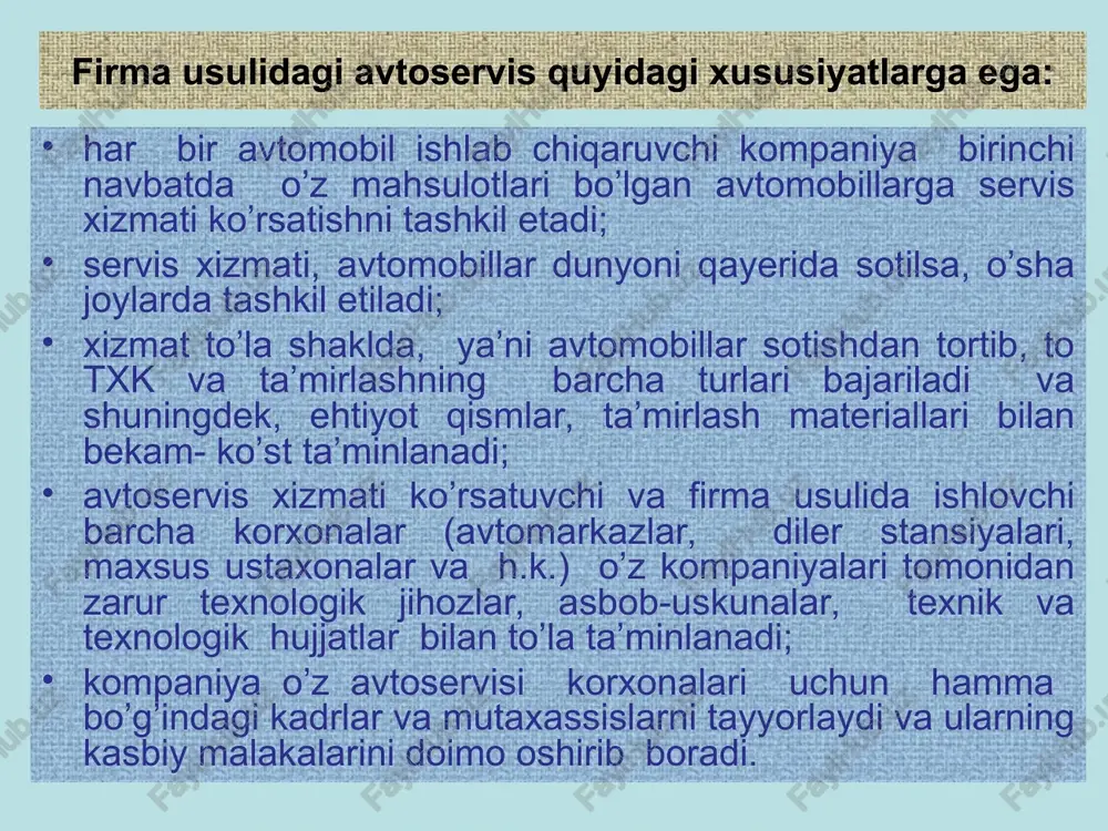 ayniqsa, muhimdir: 1.strategiya tanlash. har bir bozor uchun mijozlar qanday xizmatlarni talab etadi, avvalo shuni aniqlab (marketing), uni ta’minlashga kafillik berish; 2. mijozlar bilan aloqa o’rnatish, ular uchun qulayliklar yaratish. agar mijozlar talabi ko’p jihatdan qondirilmasa, ularning ko’ngli sovib ketishiga qarshi choralar qidirish, imtiyoz yaratish, qo’shimcha xizmatlar, (video, kinofilmlar namoyish etish va h.k.), ko’rgazmalar tashkil etish; 3. xizmat korxonasining o’z xodimlariga bo’lgan aniq va ravshan talabi, xizmat xodimlarining barchasi uchun barobar zarur bo’lgan namunaviy xizmat qoidasini joriy etish; 4. uzluksiz ta’minlash tizimini yaratish; 5. servis xizmati xodimlari malakasini doimo oshirib borish, o’qitish; 6. servis xizmati elementlari sonini mumkin qadar kamaytirish (buyurtma qabul qilib olingandan to u egasiga topshirilgunga qadar) maqsad-nuqsonsiz ishlashga erishish; 7. mijoz fikrlarini o’rganish va iloji boricha hisobga olish; 8. ijodga yo’l ochish. amalda avtomobilsoz kompaniyalar firma usulidagi avtoservis xizmatini tashkil etishda yuqorida keltirilgan usullardan aynan biron-bir variantini tanlab olish bilan cheklanmay, balki bir necha variantlardan iborat kombinatsiyalarini …