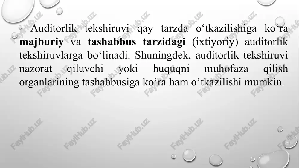 azish bo‘yicha ishlarga haq to‘lash auditorlik tekshiruvini belgilagan organ hisobidan amalga oshiriladi. o‘zbekiston respublikasi protsessual qonunchiligiga muvofiq huquqni muhofaza qilish organlari (tergov organlari, sud va arbitraj sudi) xo‘jalik yurituvchi sub’yektlarni auditorlik tekshiruvidan o‘tkazishga topshiriq berishlari mumkin. bunday topshiriq huquqni muhofaza qilish organlarida quyidagi shart-sharoitlar mavjud bo‘lganida beriladi: qo‘zg‘atilgan ( qayta ko‘rilayotgan) jinoiy ishlar; fuqarolik ishini qabul qilish (qayta ko‘rish); arbitraj sudining idoraviy tasarrufidagi ishlar. sud-buxgalteriya ekspertizasini amalga oshirishda quyidagilarni aniqlashga doir masalalar hal etiladi: tovar-moddiy zahiralar, pul mablag‘larining kamomadi yoki oshiqcha chiqishi va moddiy zarar summalari bilan bog‘liq ma’lumotlarning haqqoniyligi; tovar-moddiy zahiralarni qabul qilish, saqlash, sotish va pul mablag‘larining harakatiga doir muomalalarni rasmiylashtirishning to‘g‘riligini; moliya-xo‘jalik faoliyatiga doir muomalalarni hujjat-larda aks ettirishning buxgalteriya hisobi xalqaro va milliy standartlari hamda boshqa tegishli me’yoriy hujjatlarga muvofiqligi; tergov olib borilayotgan ishga aloqador shaxslar ko‘rsatmalarining buxgalteriya hisobi ma’lumotlariga muvofiqligi; materiallar, tayyor mahsulotlar, tovarlar va pul mablag‘-larini kirimi, chiqimi hamda hisobdan o‘chirilishining hujjatlar bilin asoslanganligi; hisobga …