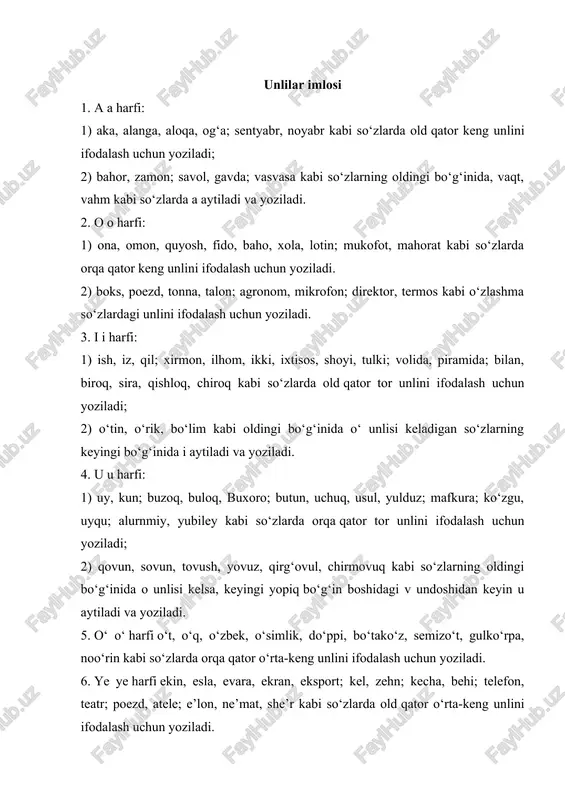 da; bilan, biroq, sira, qishloq, chiroq kabi so‘zlarda old qator tor unlini ifodalash uchun yoziladi; 2) o‘tin, o‘rik, bo‘lim kabi oldingi bo‘g‘inida o‘ unlisi keladigan so‘zlarning keyingi bo‘g‘inida i aytiladi va yoziladi. 4. u u harfi: 1) uy, kun; buzoq, buloq, buxoro; butun, uchuq, usul, yulduz; mafkura; ko‘zgu, uyqu; alurnmiy, yubiley kabi so‘zlarda orqa qator tor unlini ifodalash uchun yoziladi; 2) qovun, sovun, tovush, yovuz, qirg‘ovul, chirmovuq kabi so‘zlarning oldingi bo‘g‘inida o unlisi kelsa, keyingi yopiq bo‘g‘in boshidagi v undoshidan keyin u aytiladi va yoziladi. 5. o‘ o‘ harfi o‘t, o‘q, o‘zbek, o‘simlik, do‘ppi, bo‘tako‘z, semizo‘t, gulko‘rpa, noo‘rin kabi so‘zlarda orqa qator o‘rta-keng unlini ifodalash uchun yoziladi. 6. ye ye harfi ekin, esla, evara, ekran, eksport; kel, zehn; kecha, behi; telefon, teatr; poezd, atele; e’lon, ne’mat, she’r kabi so‘zlarda old qator o‘rta-keng unlini ifodalash uchun yoziladi. 7. yonma-yon keladigan unlilar imlosi: 1) unlilar orasiga ba’zan u undoshi qo‘shib aytilsa ham, …