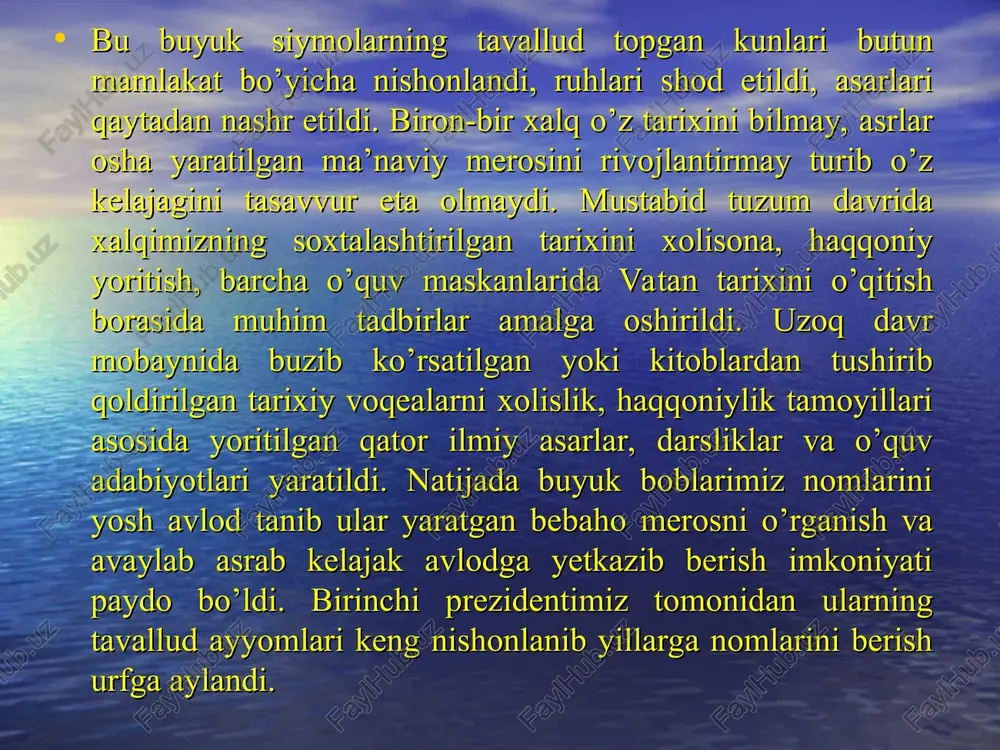 orazm ma'mun akademiyasining 1000 yilligi nishonlandi; 2006 yil qarshi shahrining 2700 yilligi nishonlandi; 2007 yili marg'ilon shahrining 2000 yiligi keng nishonlandi; 2008 yili samarqand shahrining 2750 yilligi bayram qilindi; 2009 yili toshkent shahrining 2200 yilligi bayram qilinadi. mustaqil o'zbekistonda amir temur siymosini qayta tiklash va uning shaxsini qadrlash «amir temur tavalludining 660 yilligini nishonlash to'g'risida» (1994 yil, 29 dekabr), «1996 yilni amir temur yili deb e'lon qilishi to'g'risida” (1995 yil, 26 dekabr), «temuriylar tarixi» davlat muzeyini tashkil etish va «amir temur» ordenini ta'sis etish to'g'risida (1996 yil) qator farmon va qarorlar chiqarildi; 1996 yil amir temur yili deb e'lon qilindi; amir temur tavalludining 660 yilligi jahonning 50 dan ortiq davlatlarida nishonlandi; amir temurning 660 yillik yubileyi 1996 yil 21-24-aprel kunlari frantsiya poytaxti parij shahrida yunesko tashabbusi va rahbarligida nishonlandi, unda o'zbekiston respublikasi prezidenti i.karimov ishtirok etdi va katta nutq so'zladi; yunesko qarorgohida «temuriylar davrida fan, madaniyat va maorifning gullab-yashnashi" mavzuida …