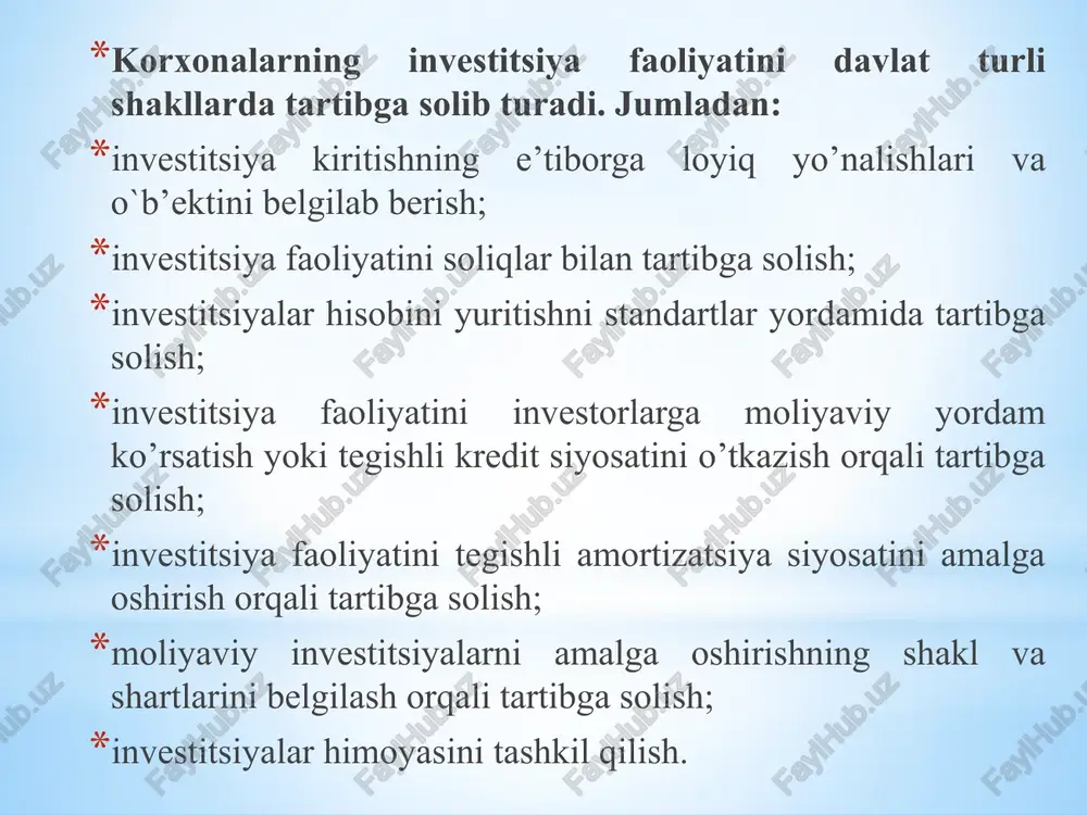 chiga oladi, masalan, varrantlar, huquq va optsionlar bo’lishi mumkin. ulushli qimmatbaho qog’ozlar sotib olinganda uning qiymatiga qimmatbaho qog’ozni sotib olish bahosi plyus brokerlik kommission va boshqa sotib olish bilan bog’liqto’lovlar kiradi. korxonalarning investitsiyalar qilish bilan bog’liq xo’jalik muomalalari hisobi buxgalteriya hisobining «moliyaviy qo’yilmalar hisobi» deb nomlangan 12-sonli milliy standarti asosida yuritiladi. shu bilan birgalikda, investitsiyalardan tushgan daromadlarni tan olish, sho’ba korxonalarga investitsiyalar qilish, birgalikdagi faoliyatga qilingan investitsiyalarni hisobga olish kabi ayrim xo’jalik muomalalari esa, «asosiy xo’jalik faoliyatining daromadlari» deb nomlangan 2-sonli, «konsolidatsiyalashgan moliyaviy hisobotlar va sho’’ba korxonalarga qilingan investitsiyalar hisobi» deb nomlangan 8-sonli buxgalteriya hisobi milliy standartlari yordamida tartibga solinadi. buxgalteriya hisobining xalqaro va milliy standartlari talablariga binoan xo’jalik yurituvchi sub’ekt tomonidan amalga oshirilgan investitsiyalar quyilgan vaqtiga ko’ra: - uzoq muddatli investitsiyalar; - qisqa muddatli investitsiyalarga bo’linadi. bir yildan ortiq muddatda daromad olishni maqsad qilib turli o`b’ektga yo’altirilgan moliyaviy qo’yilmalar uzoq muddatli investitsiyalar deb ataladi. qisqa muddatli investitsiyalar esa bir …