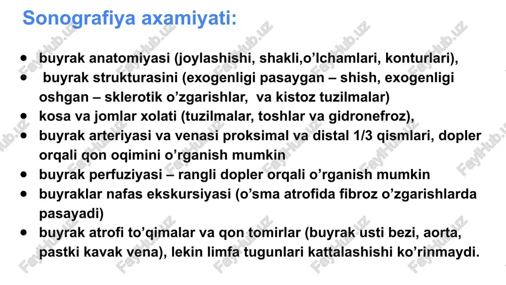 linik belgilar hosil qilmaydi sonografiya. giperexogen (50-60%) ayniqsa 3 sm kichik bo’lsa, izo va gipoexogen katta bo’lganda. buyrak kattalashgan, konturlari bo’rtgan, kalsifikasiya 15-20%, chetlari ko’proq aniq, nogomogen nekroz tufayli, 15% xolatlarda kistoz o’sma. - buyrak uttsi –chap buyrak parenximasida giperexogen struktura, e'tiboringiz uchun rahmat image1.jpeg image2.jpeg image3.png image4.jpeg image5.jpeg image6.jpeg image7.jpeg image8.jpeg image9.jpeg image10.jpeg image11.jpeg image12.jpeg image13.jpeg image14.jpeg