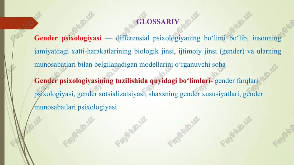 belgilanadigan modellarini oʻrganadi. ijtimoiy psixologiyaning gender tadqiqotlarida sotsializatsiya, xurofot, diskriminatsiya, ijtimoiy idrok va oʻz-oʻzini idrok etish, oʻz-oʻzini hurmat qilish, ijtimoiy normalar va roll arning paydo boʻlishi kabi hodisalar oʻrganiladi. gender psixologiyasi jins psixologiyasidan farqli oʻlaroq, erkaklar va ayollar oʻrtasidagi psixologik munosabatlarning nafaqat psixologik xususiyatlardagi farqlarni oʻrganadi, balki uning diqqat markazida, birinchi navbatda, erkaklar va ayollarning taqdiri, umuman olganda, shaxsiy rivojlanishning jinslararo differensiya, stratifikatsiya va ierarxiyaning taʼsiri natijasida yuzaga keladigan hodisa va jarayonlarni oʻrganadi. gender psixologiyasining tuzilishida quyidagi boʻlimlar ajralib turadi: — gender farqlari psixologiyasi; — gender sotsializatsiyasi; — shaxsning gender xususiyatlari; — gender munosabatlari psixologiyasi. gender psixologiyasida bir nechta asosiy yoʻnalishlar mavjud: erkaklar va ayollarni taqqoslash psixologiyasi ayol psixologiyasi erkak psixologiyasi gender sotsializatsiyasi gender munosabatlari psixologiyasi yetakchilikning gender psixologiyasi sportdagi gender psixologiyasi 2.gender psixologiyasining vazifalari gender strategiyasining asosiy maqsadi. -irqi, millati, tili, dini, ijtimoiy kelib chiqishi, e’tiqodi, shaxsiy va ijtimoiy mavqeyidan qat’iy nazar xotin-qizlar va erkaklarning haqiqiy tengligini ta’minlashdan iborat. …