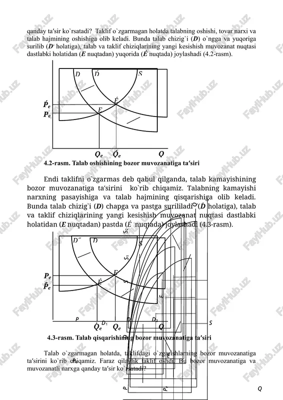 arxda qe = qs = qd bu yerda: qe – muvozanatli hajm; qs – taklif hajmi; qd – talab hajmi. 2. talab va taklifdagi o`zgarishlarning bozor muvozanatiga ta′siri oldingi mavzuda ta′kidlaganimizdek, talab va taklif tovarning o`z narxi yoki boshqa omillar ta′sirida o`zgarishi mumkin. dastlab taklif hajmini o`zgarmas (const.) deb qabul qilgan holda talabdagi o`zgarishlarning bozor muvozanatiga ta′sirini ko`rib chiqamiz. faraz qilaylik, talab hajmi oshdi. bu bozor narxi hamda muvozanatiga qanday ta′sir ko`rsatadi? taklif o`zgarmagan holatda talabning oshishi, tovar narxi va talab hajmining oshishiga olib keladi. bunda talab chizig`i (d) o`ngga va yuqoriga surilib (d′ holatiga), talab va taklif chiziqlarining yangi kesishish muvozanat nuqtasi dastlabki holatidan (e nuqtadan) yuqorida (é nuqtada) joylashadi (4.2-rasm). d́ d s é ṕe e pe q q́e qe 4.2-rasm. talab oshishining bozor muvozanatiga ta′siri endi taklifni o`zgarmas deb qabul qilganda, talab kamayishining bozor muvozanatiga ta′sirini ko`rib chiqamiz. talabning kamayishi narxning pasayishiga va talab hajmining qisqarishiga olib …