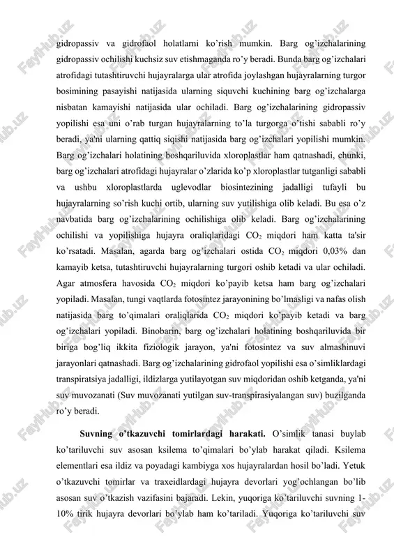 laridagi co2 bosimi, ionlar nisbati, fitogormonlar va nihoyat o’simlikning suv bilan ta'minlanishi katta ta'sir qiladi. barg og’izchalari o’lchamlari va holatlarini boshqariluvida asosan ikkita, ya'ni gidropassiv va gidrofaol holatlarni ko’rish mumkin. barg og’izchalarining gidropassiv ochilishi kuchsiz suv etishmaganda ro’y beradi. bunda barg og’izchalari atrofidagi tutashtiruvchi hujayralarga ular atrofida joylashgan hujayralarning turgor bosimining pasayishi natijasida ularning siquvchi kuchining barg og’izchalarga nisbatan kamayishi natijasida ular ochiladi. barg og’izchalarining gidropassiv yopilishi esa uni o’rab turgan hujayralarning to’la turgorga o’tishi sababli ro’y beradi, ya'ni ularning qattiq siqishi natijasida barg og’izchalari yopilishi mumkin. barg og’izchalari holatining boshqariluvida xloroplastlar ham qatnashadi, chunki, barg og’izchalari atrofidagi hujayralar o’zlarida ko’p xloroplastlar tutganligi sababli va ushbu xloroplastlarda uglevodlar biosintezining jadalligi tufayli bu hujayralarning so’rish kuchi ortib, ularning suv yutilishiga olib keladi. bu esa o’z navbatida barg og’izchalarining ochilishiga olib keladi. barg og’izchalarining ochilishi va yopilishiga hujayra oraliqlaridagi co2 miqdori ham katta ta'sir ko’rsatadi. masalan, agarda barg og’izchalari ostida co2 miqdori …