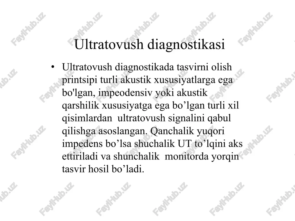 az tutuvchi strukturalar va ularga yaqin joylashgan organlar tufayli tasvir buzilishi natijasida hosil bo’lgan artifaktlarni deb sinchiklab tekshirish imkoniyating yo’qligi. hayvonni uzoq muddatli notabiiy holatda fiksatsiya qilishning zarurati borligi. bemor terisining katta sohalaridagi tuklarni ketkazish zaruriyati. subektiv kamchiliklar : 1. olingan natijalar sifatining shifokorning malaka darajasiga bog'liqligi. tovush – bu mexanik uzunlama to'lqin bo'lib, unda zarrachalarning tebranishlari energiya tarqalish yo'nalishi bilan bir xil tekislikda bo'ladi. tovushning tarqalishi uchun muhit kerak, chunki vakuumda tovush to'lqini tarqalmaydi. tovush to'lqinlarining ba'zi fizik xususiyatlari: 1. tebranishlar chastotasi tovush manbai bilan aniqlanadi. 2. tovushning tarqalib bo'lgan tezligi muhit bilan belgilanadi. 3. to'lqin uzunligi – muhit va tovush manbai bilan belgilanadi. tebranish chastotasi hertzda o'lchanadi (hz). 1 hz – sekundiga 1 tebranish. 1 megahertz – sekundiga 1000000 tebranishlar. zamonaviy ultratovush skaynerlarinig impulsi 2 mhz dan 20 mhz gacha chastotaga ega, ya'ni sekundiga 2000000-200000000 tebranish sikli. tovushning tarqalish tezligi– bu to'lqinning o'rtada harakatlanish tezligi (o'lchov birligi m …