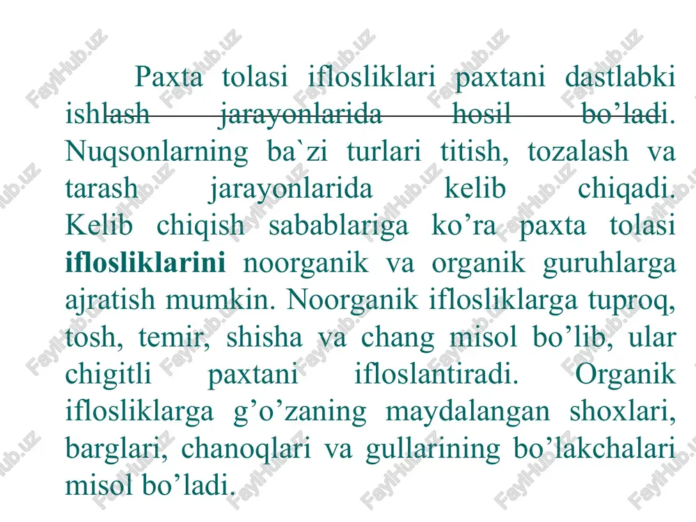arish darajasi % 10 sarg‘ishlik degree of yellowness – (+b) sarg‘ishlik darajasini baholaydi % 11 ifloslik trash count on surface – (trash count)cnt aniqlash zonasidagi iflos zarralar soni - 12 ifloslik trash surface area – (area, unit:%) aniqlash zonasidagi iflos zarralar foizi % thanks! * e’tiboringiz uchun rahmat! o’ramlar murakkab o’ramlar kasallangan tolalar o’lik tola maydalangan chigit iflosliklar tolali po’stloq tugunaklar ipdagi nuqson