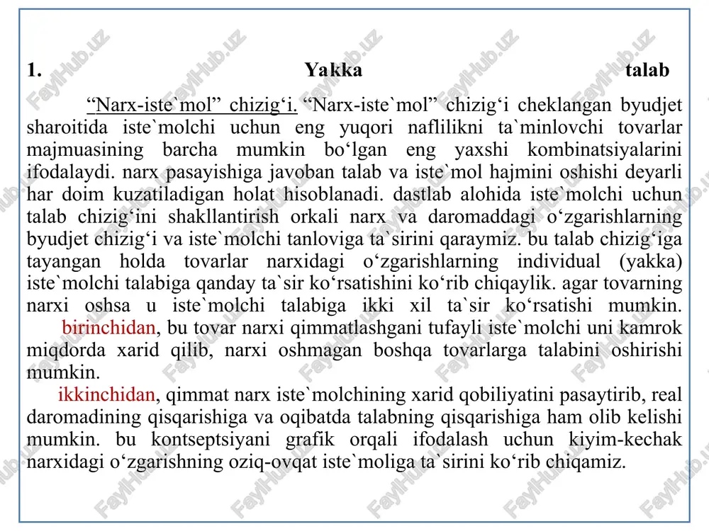 ............................. endi bunga teskari holat, ya`ni mol go‘shti narxi o‘zgarmasdan parranda go‘shti narxi ikki barobarga arzonlashgan (20 mingdan 10 ming so‘mga tushgan) holatni ko‘rib chiqamiz. bu holatda iste`molchi parranda go‘shti xaridini ikki barobarga oshirishi gumon. buning o‘rniga u mol go‘shti iste`molini 5 kg.ga etkazib, parranda go‘shtini esa 15 kg hajmda xarid qilsa naflilikni oshirgan bo‘ladi. “narx-iste’mol” chizig‘i “narx-iste’mol” chizig‘i talab chizig‘i daromad-iste`mol chizig‘i tahlili daromadning o‘zgarishi byudjet chizig‘ini parallel ravishda siljishiga olib keladi. chunki, narxlar nisbati o‘zgarmaydi. daromad oshganda, byudjet chizig‘i o‘ngga-yuqoriga siljiydi, kamayganda pastga-chapga siljiydi. xuddi shunday narxlarning pasayishi real daromadni oshiradi, natijada byudjet chizig‘i o‘ngga-yuqoriga siljiydi. narxlarning o‘sishi, real daromadni kamaytiradi - byudjet chizig‘i pastga-chapga siljiydi. byudjet chiziqlarini tutashtiruvchi va dj. xiks tomonidan “daromad-iste`mol” chizig‘i deb atalgan egri chiziq, “turmush kechirish darajasi” chizig‘i degan nom oldi. “daromad-iste`mol” chizig‘i a5 a4 a3 a2 a1 y x w e5 e4 tu5 e3 tu4 tu3 e2 tu2 e1 tu1 “daromad-iste`mol” chizig‘i …