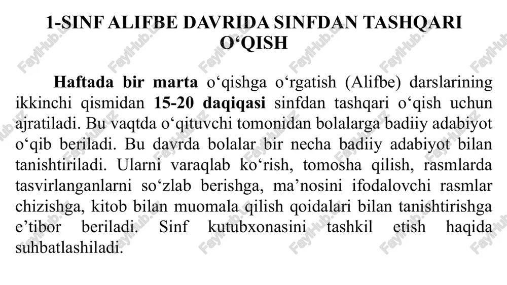 itoblar, ular bilan tanishish tartibi yuzasidan ko‘rsatmalar beriladi. maktab kutubxonasi bilan birgalikda kitob ko‘rgazmalari tashkil etiladi. kitobning muqovasi, betlarini farqlay olish. kitobning nomini, muallifi va rasmlari asosida mazmunini aniqlay olish. kim yoki nima haqida o‘qidingiz? savoliga javob berish, mazmunini aniqlash. qahramonlarning xatti-harakatini, xulqini va ular boshidan kechirgan voqea-hodisalarni mustaqil baholay olish. 3-4-sinf sinfdan tashqari o‘qish sinfdan tashqari o‘qish o‘quv dasturi bilan chambarchas bog‘liq. shuning uchun o‘quvchilarda kitobxonlik madaniyatini tarbiyalash, ularni oddiy kitobxondan ijodkor kitobxon darajasiga ko‘tarish talab etiladi. o‘quvchilarda kitobga havas uyg‘otishda har bir bolaga yakka tartibda yondashish, shaxsiy qiziqishlarini hisobga olish zarur. bolalar ustida ishlash ularda kitobxonlik madaniyatini tarbiyalashining eng muhim omili hisoblanadi. sinfdan tashqari o‘qish ikki haftada bir marta o‘tkaziladi. badiiy-adabiy asarlar mustaqil ravishda va izchil o‘qib borilsa, o‘quvchilarning dunyoqarashini kengaytirishga, shakllantirishga xizmat qiladi. sinfdan tashqari o‘qish tanish bo‘lmagan muallifning kitoblari hamda muqovasi, titul varag‘i, kirish so‘z, mundarijasi va suratlariga qarab asarning taqvimiy mazmunini aniqlash vazifasini amalga oshirishga …