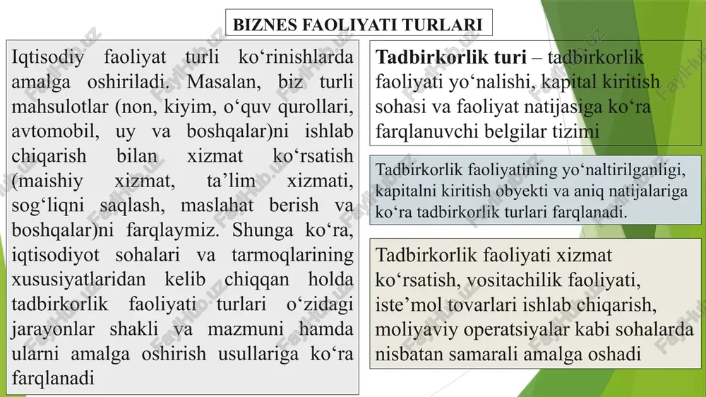 odisa tufayli molmulkini yo‘qotishi mumkin. shuningdek, bozor iqtisodiyoti sharoitida hech kimning faoliyat natijasi to‘liq kafolatlanmagan bo‘lib, korxonalar moliyaviy inqirozga yuz tutishi mumkin. shunday holatlarda sug‘urta faoliyatiga ehtiyoj seziladi sug‘urta – turli xil kutilmagan holatlar natijasida yuzaga keladigan moliyaviy muammolardan muhofaza qilish faoliyati sug‘urta faoliyati ham tadbirkorlikning maxsus turi hisoblanadi. unga mulk sug‘urtasi, hayot va sog‘liqning shaxsiy sug‘urtasi, risk sug‘urtasi, javobgarlik sug‘urtasi kabilar kiradi. umumiy holda sug‘urta tadbirkorligini sug‘urta xizmatlarining oldi-sotdisi sifatida tavsiflash mumkin. tadbirkorlik turlarining umumiy tahlili xususiyatli belgilari tadbirkorlik turlari ishlab chiqarish tadbirkorligi tijorat tadbirkorligi moliyaviy tadbirkorlik sug‘urta faoliyati moddiy resurslarga talab darajasi yuqori (3) past (1) past (1) past (1) moliyaviy resursga talab darajasi ahamiyatli (2) yuqori (3) yuqori (3) yuqori (3) risk darajasi past (1) ahamiyatli (2) ahamiyatli (2) yuqori (3) maxsus bilim va ruxsatnomaga talab darajasi ahamiyatli (2) past (1) yuqori (3) yuqori (3) umumiy daraja 8 7 9 10 siz shug‘ullanmoqchi bo‘lgan tadbirkorlik turidan muvofiqini …
