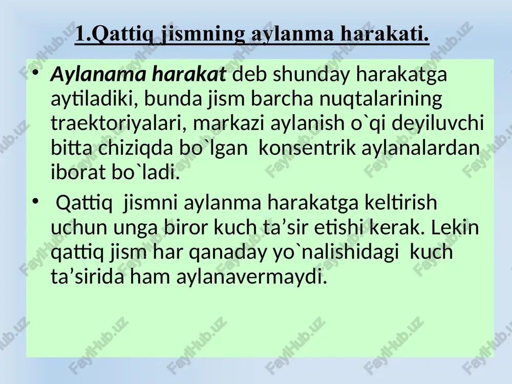 ko’chish burchak ko’chish tezlik burchak tezlik tezlanish burchak tezlanish kuch kuch momenti impuls impuls momenti ish ish kinetik energiya kinetik energiya dinamikaning asosiy tenglamasi dinamikaning asosiy tenglamasi jismning ilgarilanma va aylanma harakatiga tegishli kattaliklarni solishtirish savelev i.v. umumiy fizika kursi, t. 1-3, m, nauka, 1989. kodirov o. fizika kursi 2005 trofimova t.i. kurs fiziki. vis. shkola, 2007 sultanov n., fizika kursi. t. 2007. sivuxin d.v. umumiy fizika. mexanika. 1981 axmadjonov o.i.fizika kursi 1q.t. o'qituvchi, 1989 qosimov a., safarov a. va boshq. fizika kursi. 1q. o'zbekiston, 2004 nazarov u.k. va boshk. umumiy fizika kursi.1992 foydalanilgan adabiyotlar: * unknown-0.unknown unknown-1.unknown unknown-2.unknown unknown-3.unknown unknown-4.unknown unknown-5.unknown , mrf éù = ëû uurrur sin mffd a == sin dr a = o d r r f r a m r 2 i i i r m i × d = d å 2 1 1 i n i i n i i r m i …