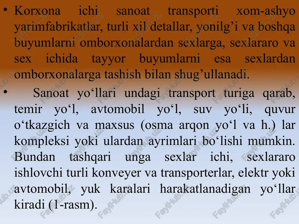 arqon - yo‘llari sanoatning ko‘p sohasida ishlatiladi. ayrim hollarda ular 20 km gacha bo‘lgan masofada sochiluvchan materiallar (qum, shag’al, ruda) tashishda, ayniqsa tog’lik joylarda avtomobil va temir yo‘l transporti bilan raqobatlashadi. arqon yo‘llar – yuk va yo‘lovchilarni tashishda qo‘llaniladigan, vagon, vagonchalar, kabinalar yoki kresellarni harakatga keltirish uchun qurilgan osma troslarda harakatni yuzaga keltiruvchi, tayanch yoki ko‘tarma-tayanchli yo‘llar bo‘lib, bunda vagon yoki kabinalar erga tegmasdan osma holatda qo‘zg’aladi. yo‘lovchi tashuvchi arqon yo‘llarning o‘tkazuvchanlik qobiliyati soatiga 2000 kishiga, yuk arqon yo‘llariniki esa soatiga 1000 tn gacha etishi mumkin. eng uzun arqon yo‘llari shvetsiyada bo‘lib, uning uzunligi 96 km ga etadi. dunyodagi eng uzun sanoat arqon yo‘li moande (gabon)da bo‘lib, uzunligi 76 km. ushbu arqon yo‘li 1959-1962 yillarda qurilgan. o‘zbekistonda arqon yo‘li “sharg’un” shaxtasida qurilgan bo‘lib, uzunligi 21 km. turizm maqsadidagi arqon yo‘li “chimyon” dam olish pansioanatida qurilgan (4-rasm). e’tiboringiz uchun raxmat ! image1.jpeg image2.png image3.jpeg image4.jpeg image5.jpeg image6.jpeg image7.jpeg image8.jpeg image9.jpeg /docprops/thumbnail.jpeg