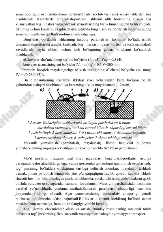 ilan bir joyga surib, u yerdan ekskovator yoki bir cho’michli pogruzchik bilan hudud ichkarisidagi yoki tashkarisidagi ag’darish joylariga tashiladi; gidromexanizatsiya usullaridan foydalanish. ochiq tog’ konlaridagi qazish ishlarining muhim samaradorlik ko’rsatkichi chiqarib olinadigan bo’sh jinslar va foydali qazilma hajmlarining nisbati hisoblanadi (kub metrlar yoki tonnalar bilan o’lchanadi).bunday nisbat qazib olish koeffitsenti kk deyiladi; bu yerda: uu k -karerning oxirgi konturlaridagi yoki bir qismdagi jinslarini ochish hajmi; uf.k -shu konturlarda olinadigan foydali qazilmaning umumiy hajmi. burg’ulash-portlash ishlari, foydali qazilmalarni olishdagi eng qiyin va qimmat turadigan ishlar hisoblanadi.shuning uchun bunday ishlarda fan va texnikaning eng yangi yutuqlarvdan foydalanib.mexnatni ilmiy tashkil qilib, maksimal darajada mexanizatsiyalab mehnat unumdorligini oshirish kerak. qoya jinslarni ishlash samaradorligini oshirishda ularni bo’shashtirish (sochib tashlash) asosiy ishlardan biri hisoblanadi. karerlarda burg’ulash-portlash ishlarini olib borishning o’ziga xos xususiyatlari tog’ jinslari vatog’-texnik sharoitlarining turli- tumanligidan kelib chiqadi. shuning uchun konlarni ekspluatatsiya qilishda burg’ilash va portlatish ishlarining eng samarapi usullarini qo’llash muhim ahamiyatga ega. …